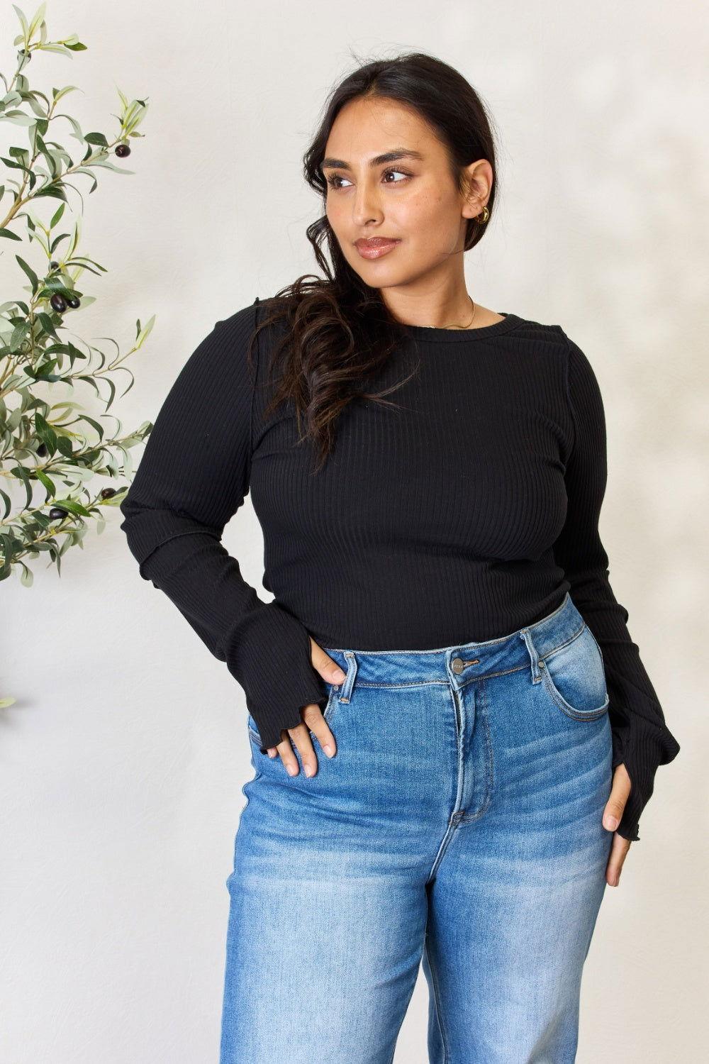 Culture Code Full Size Ribbed Round Neck Long Sleeve Top - Clothes For Her Online Store