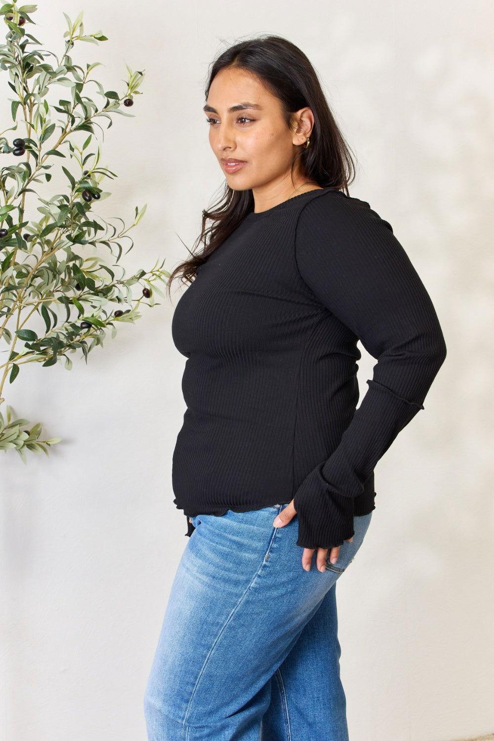 Culture Code Full Size Ribbed Round Neck Long Sleeve Top - Clothes For Her Online Store