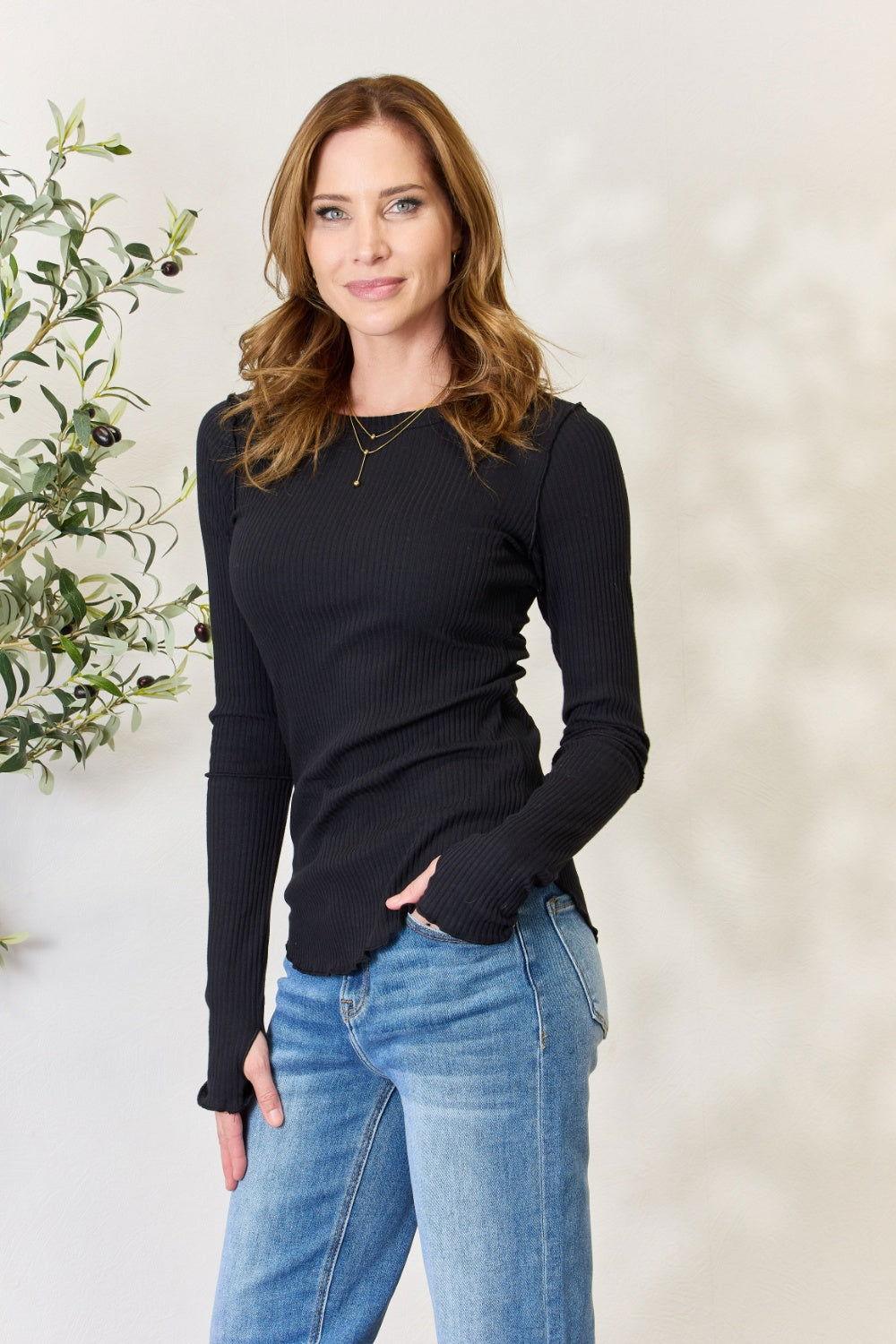 Culture Code Full Size Ribbed Round Neck Long Sleeve Top - Clothes For Her Online Store