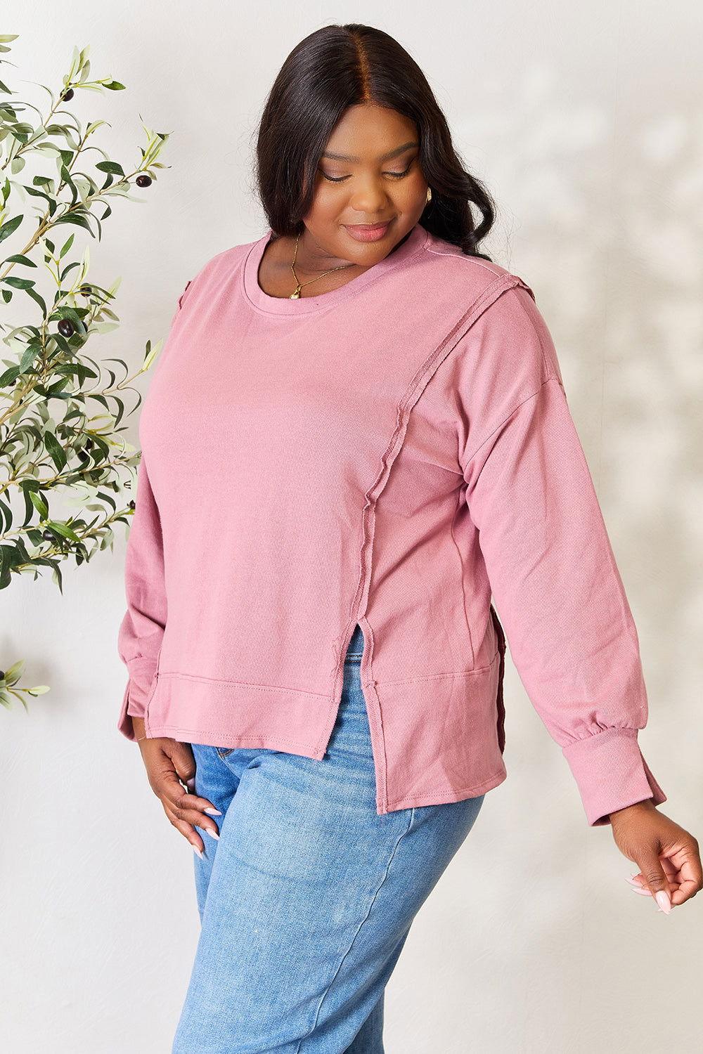 Culture Code Full Size Round Neck Exposed Seam Slit Top - Clothes For Her Online Store