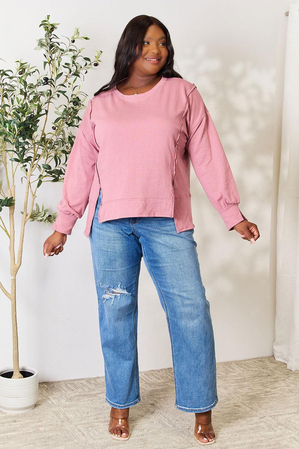 Culture Code Full Size Round Neck Exposed Seam Slit Top - Clothes For Her Online Store
