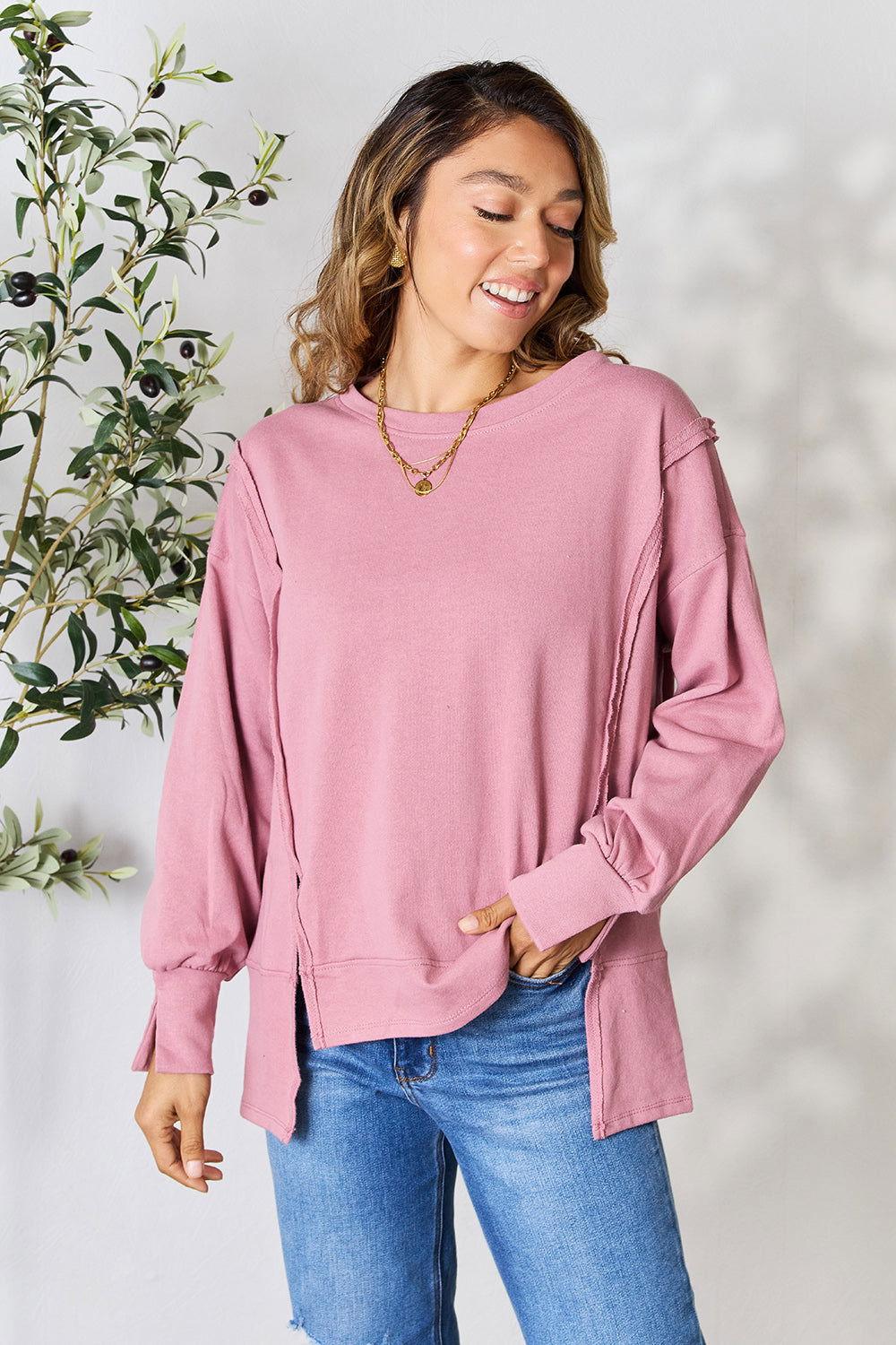Culture Code Full Size Round Neck Exposed Seam Slit Top - Clothes For Her Online Store