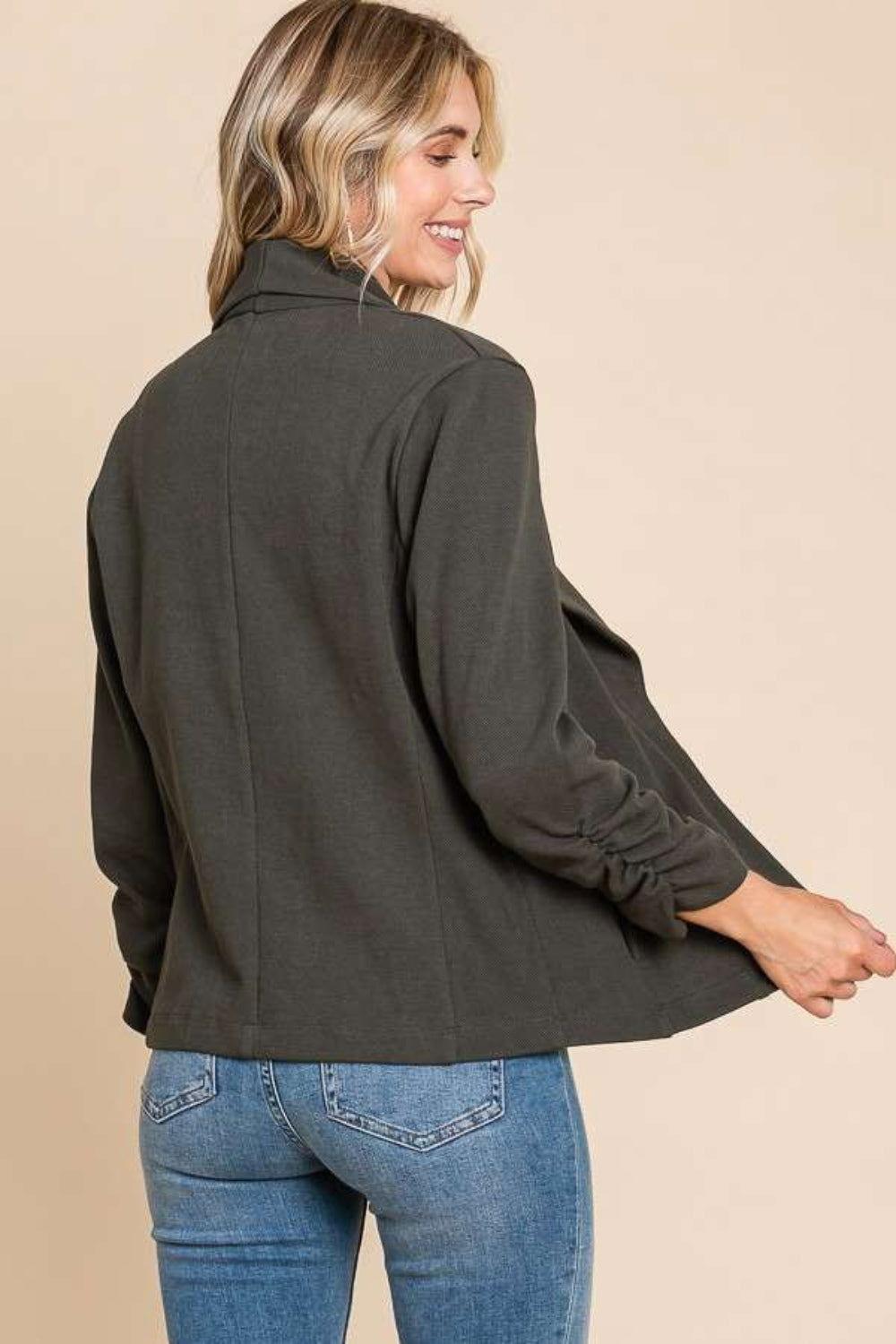 Culture Code Full Size Ruched Open Front Long Sleeve Jacket - Clothes For Her Online Store