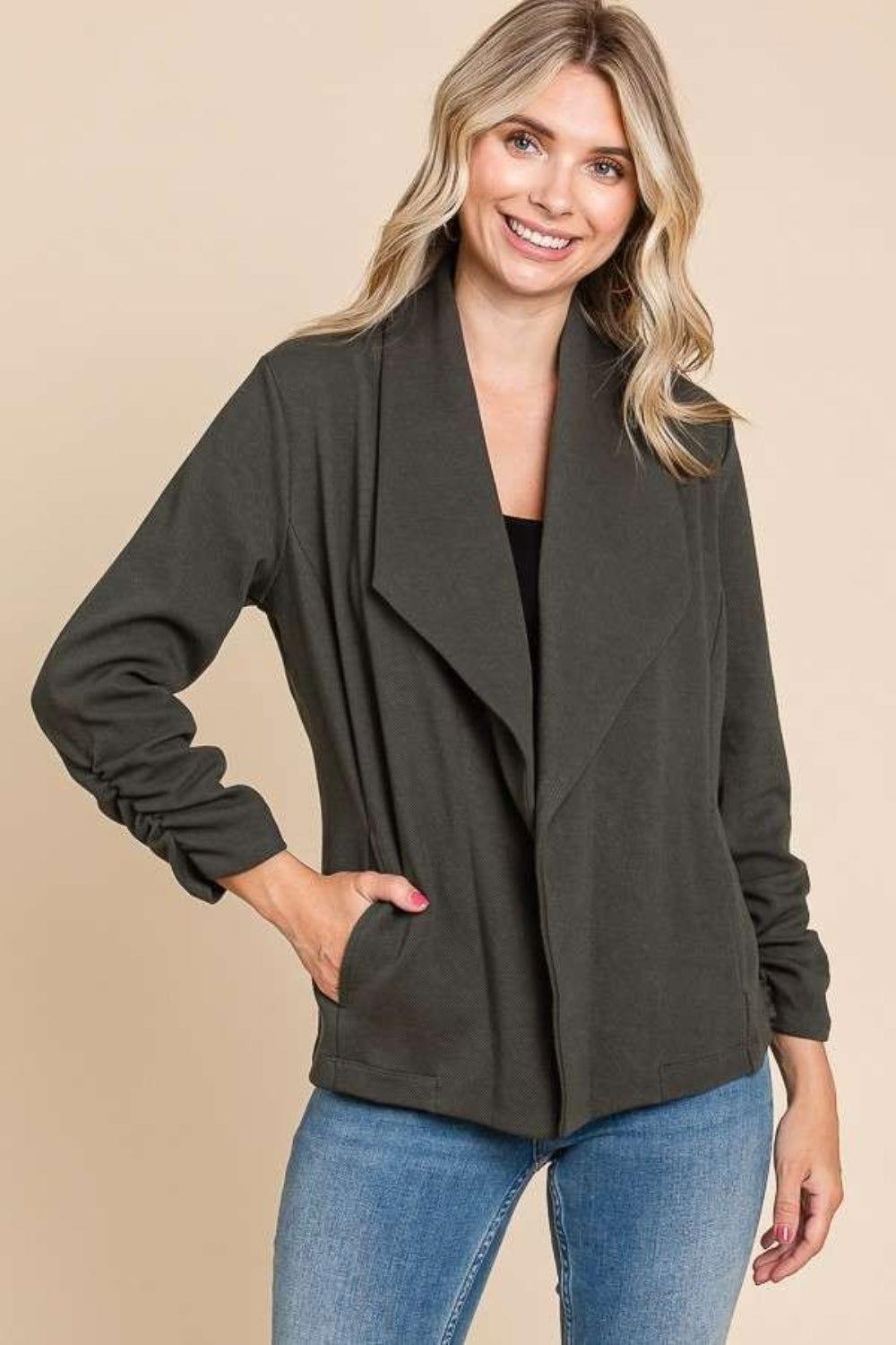 Culture Code Full Size Ruched Open Front Long Sleeve Jacket - Clothes For Her Online Store