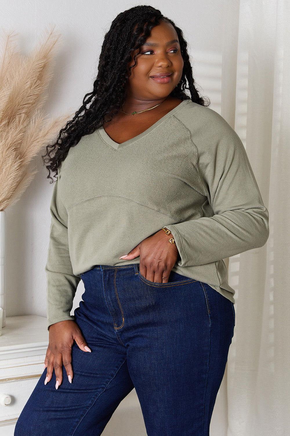 Culture Code Full Size V-Neck Long Sleeve T-Shirt - Clothes For Her Online Store