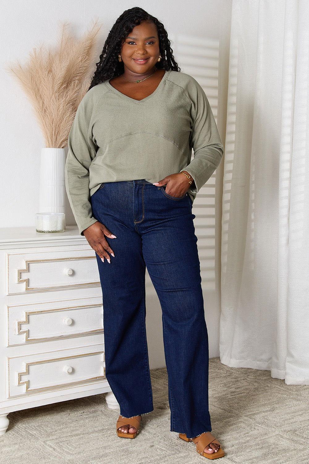 Culture Code Full Size V-Neck Long Sleeve T-Shirt - Clothes For Her Online Store