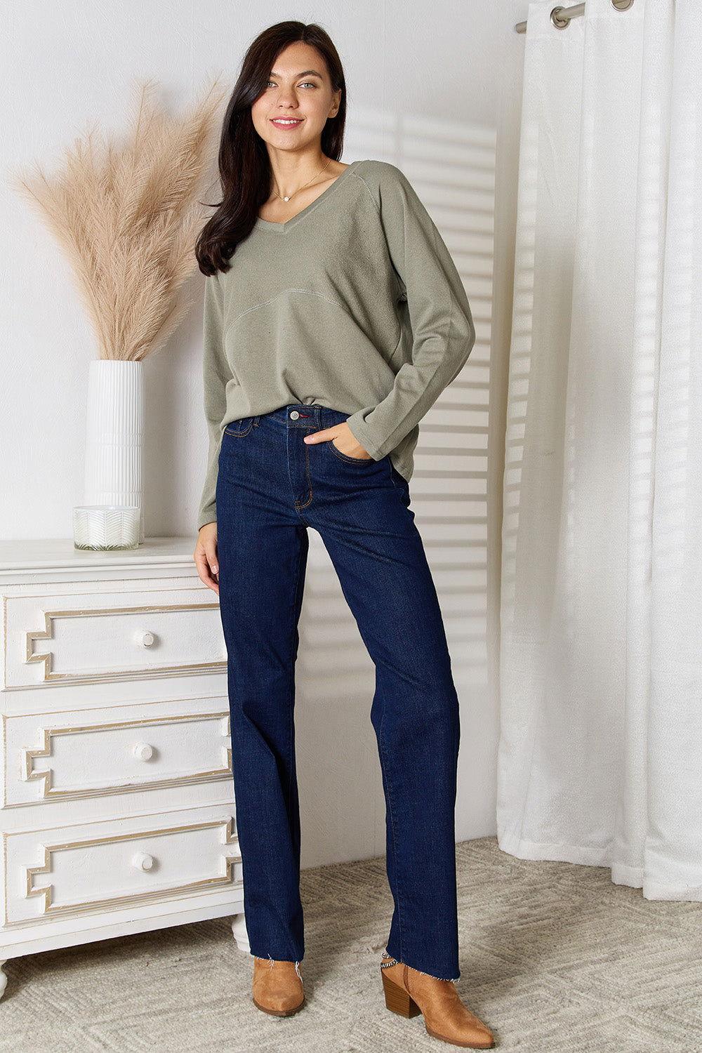 Culture Code Full Size V-Neck Long Sleeve T-Shirt - Clothes For Her Online Store