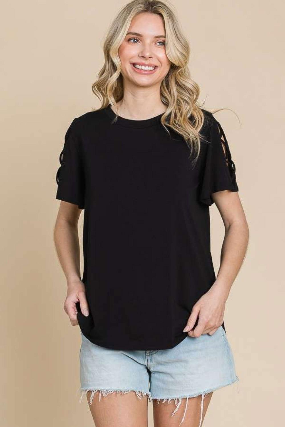 Culture Code Round Neck Crisscross Short Sleeve T-Shirt - Clothes For Her Online Store