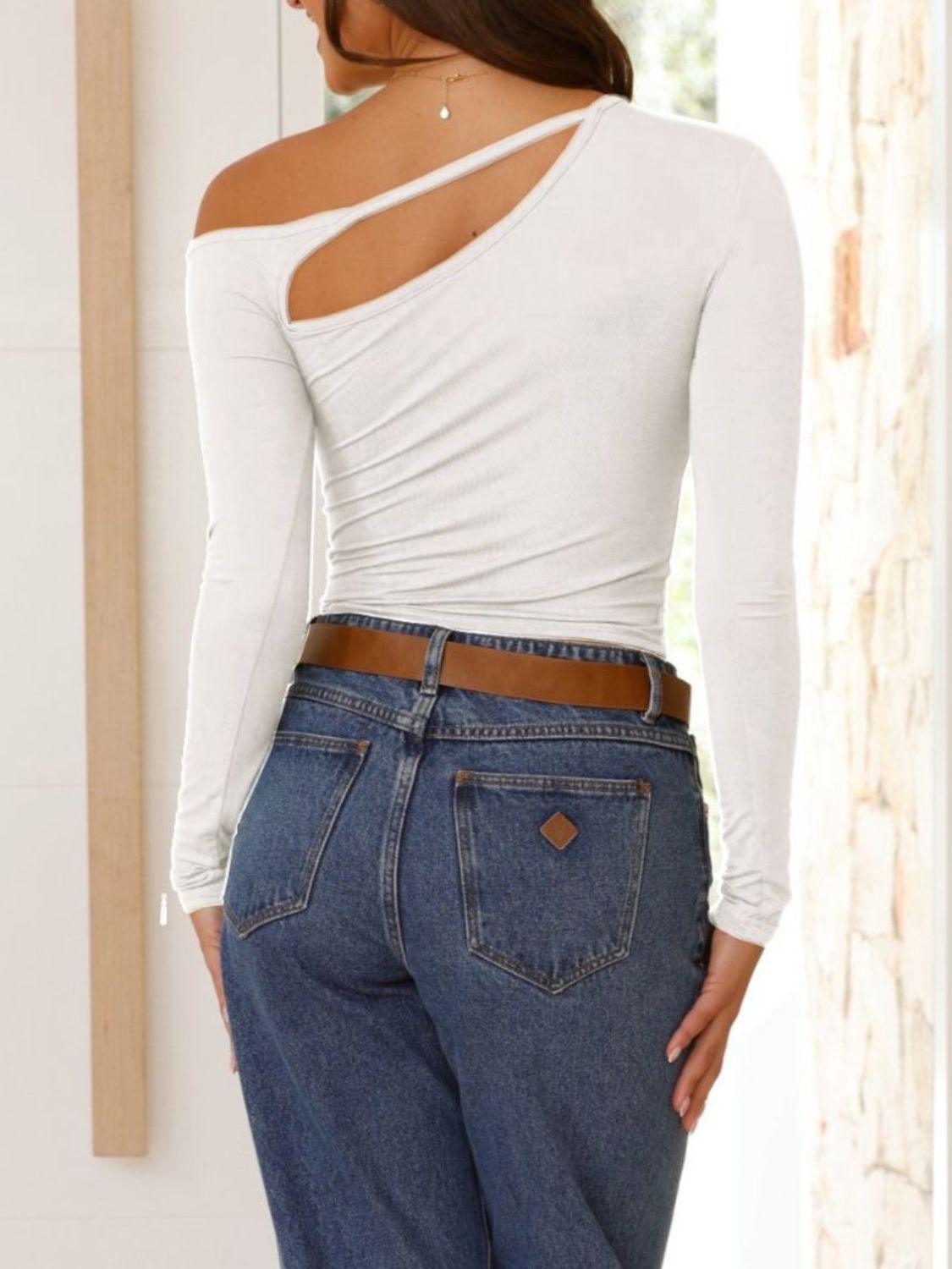 Cutout Asymmetrical Neck Long Sleeve T-Shirt - Clothes For Her Online Store