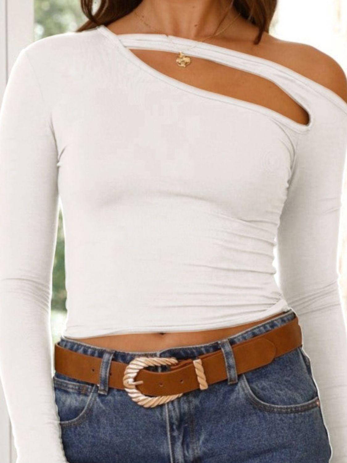 Cutout Asymmetrical Neck Long Sleeve T-Shirt - Clothes For Her Online Store