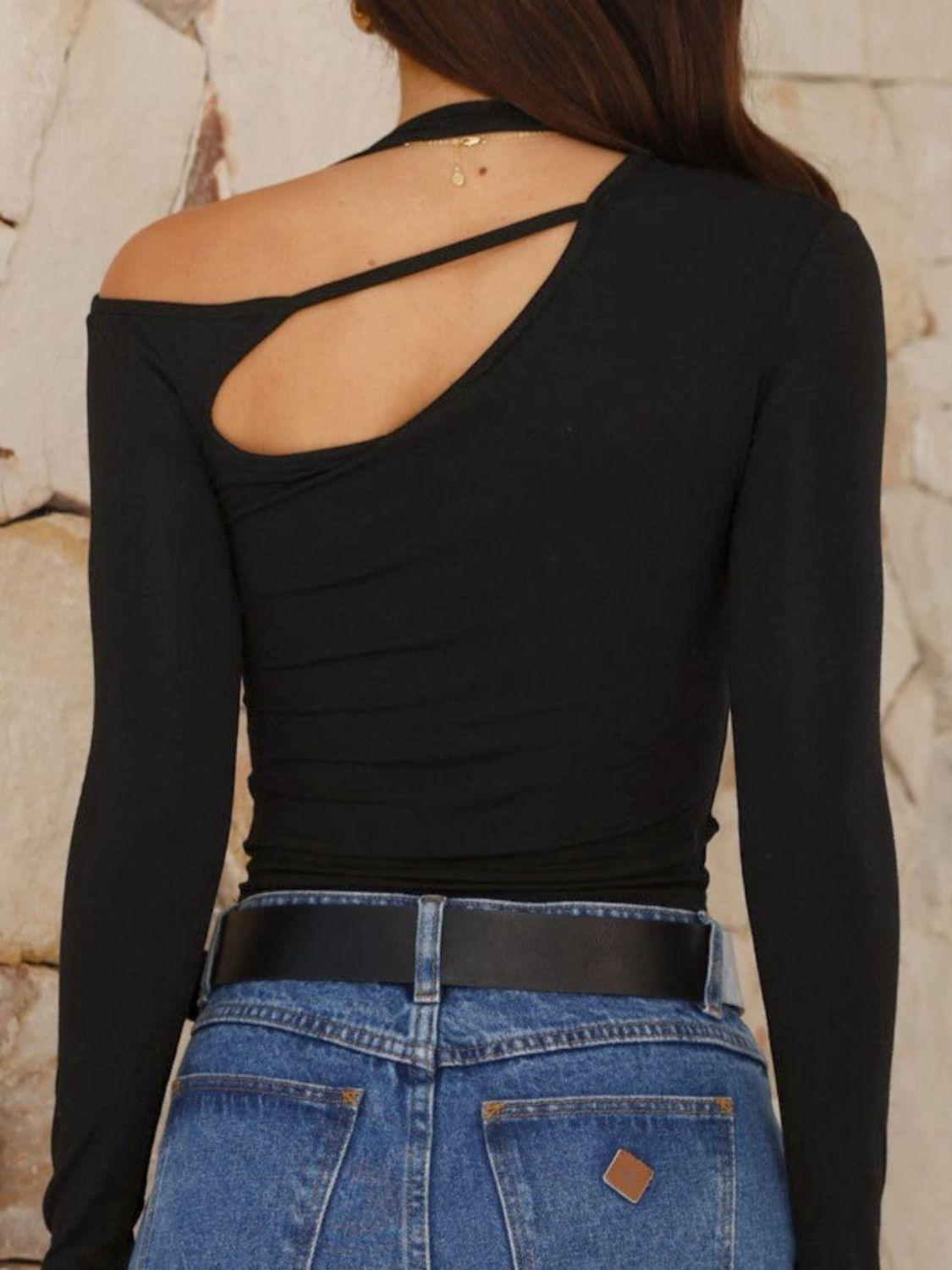 Cutout Asymmetrical Neck Long Sleeve T-Shirt - Clothes For Her Online Store