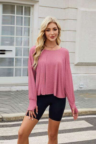 Cutout Back Round Neck Long Sleeve T-Shirt - Clothes For Her Online Store