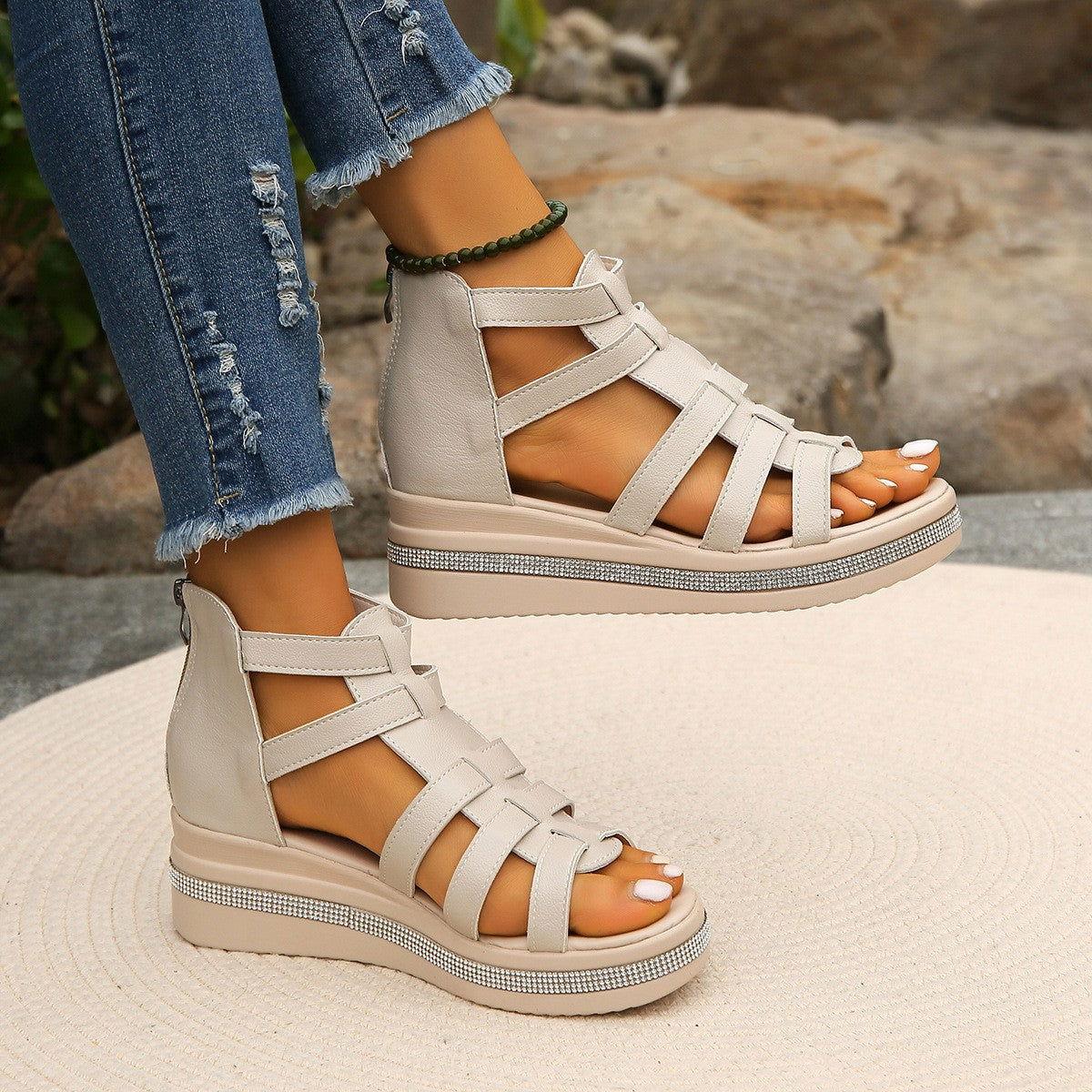 Cutout Rhinestone Trim Wedge Sandals - Clothes For Her Online Store