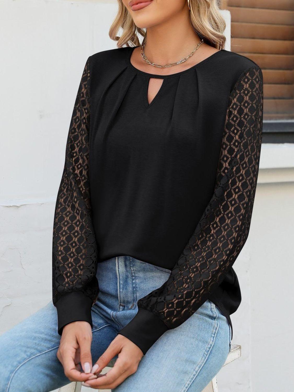 Cutout Round Neck Lace Long Sleeve Blouse - Clothes For Her Online Store