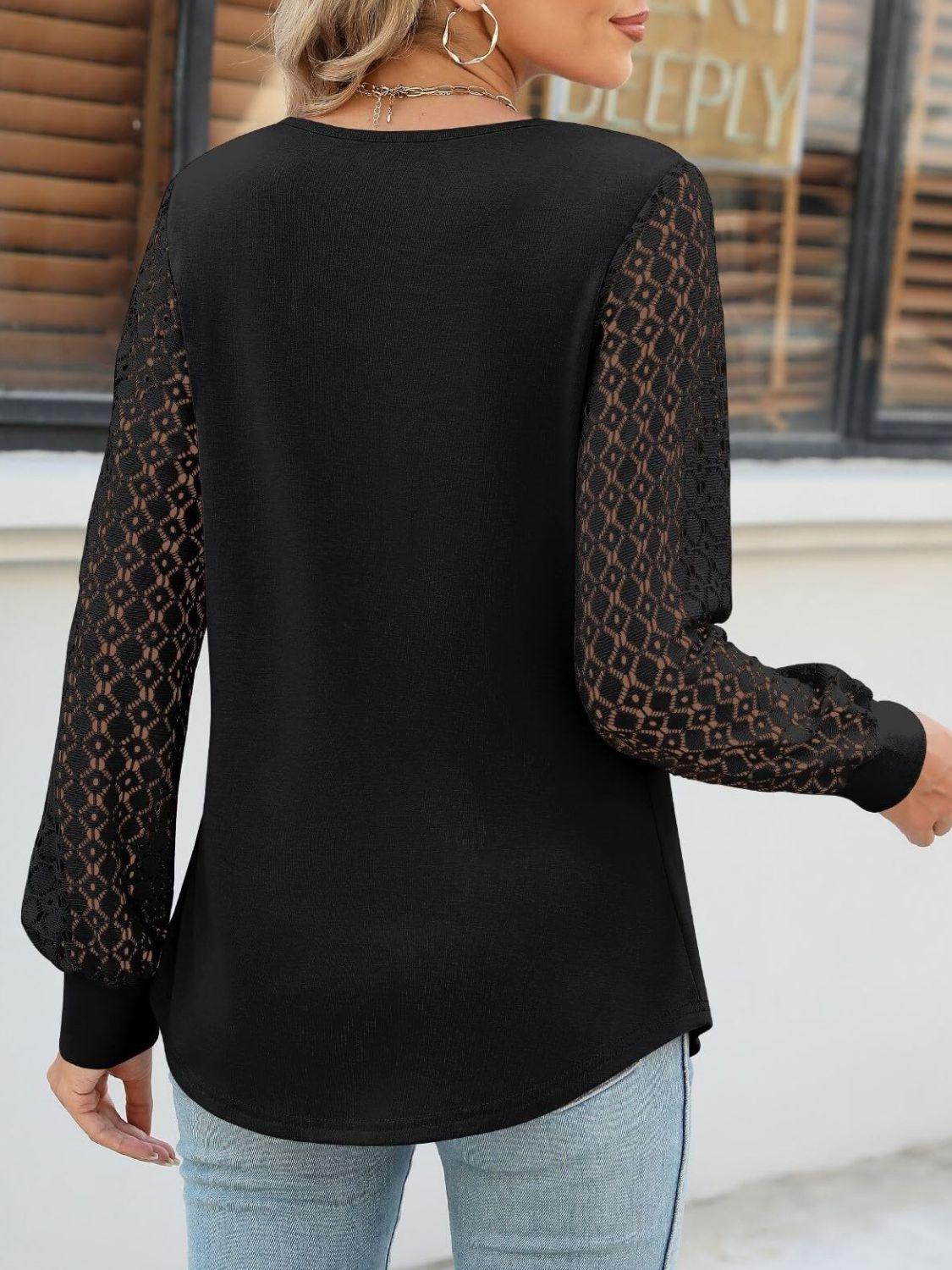 Cutout Round Neck Lace Long Sleeve Blouse - Clothes For Her Online Store