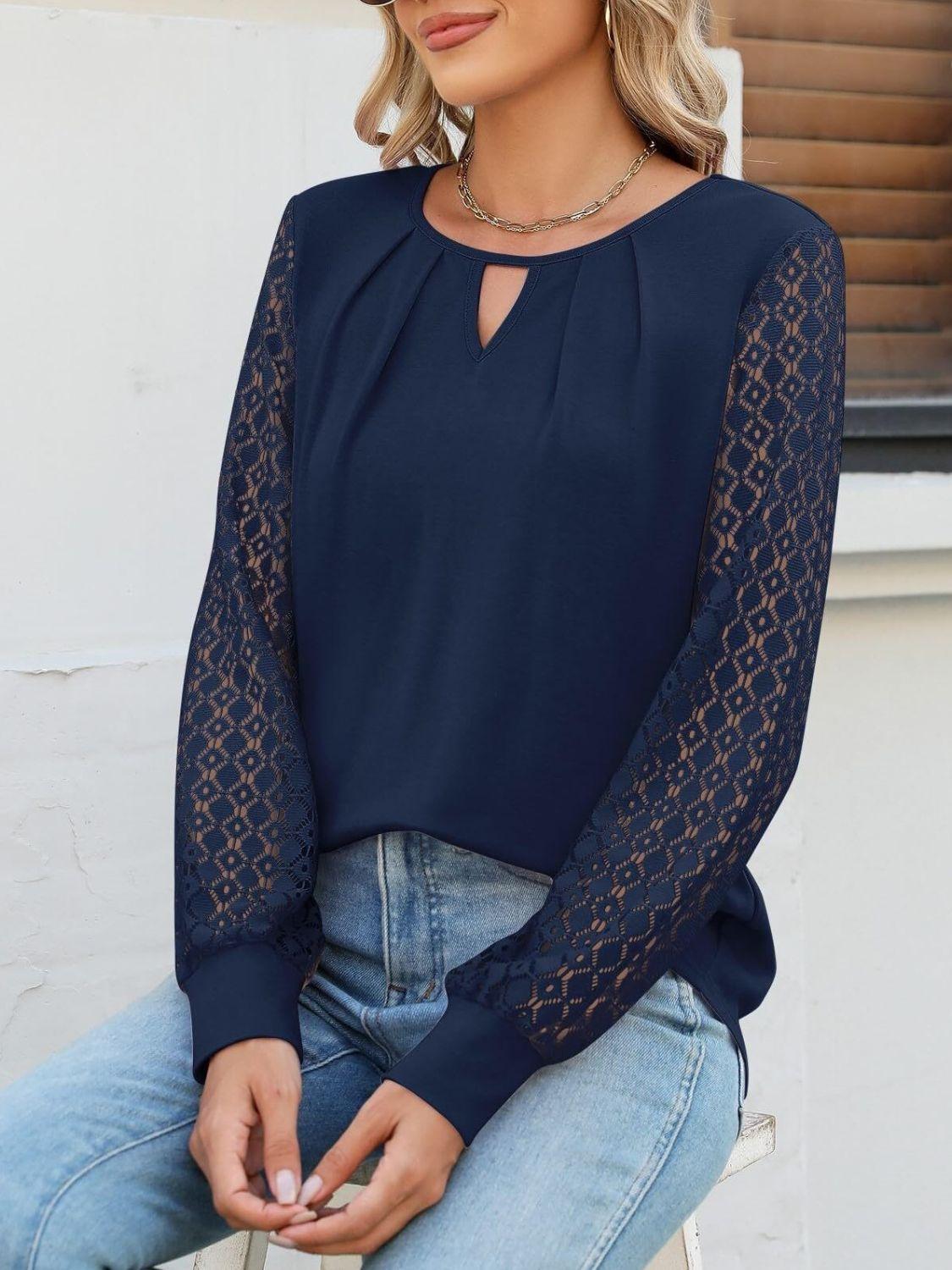 Cutout Round Neck Lace Long Sleeve Blouse - Clothes For Her Online Store