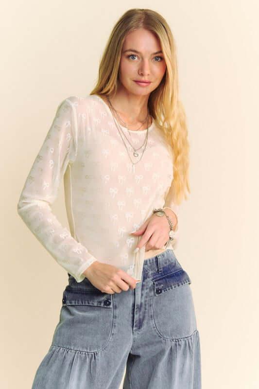 Davi & Dani Bow Mesh Round Neck Long Sleeve Top - Clothes For Her Online Store