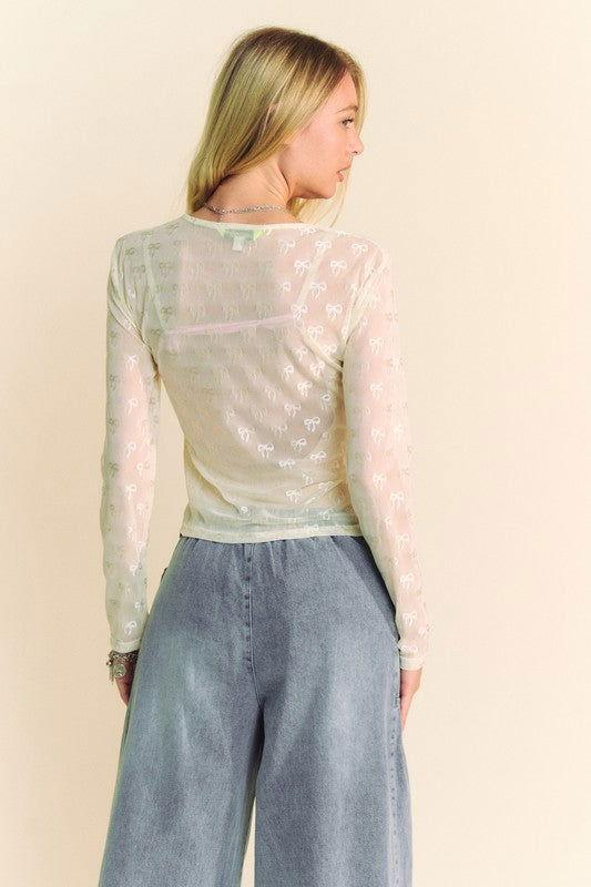 Davi & Dani Bow Mesh Round Neck Long Sleeve Top - Clothes For Her Online Store