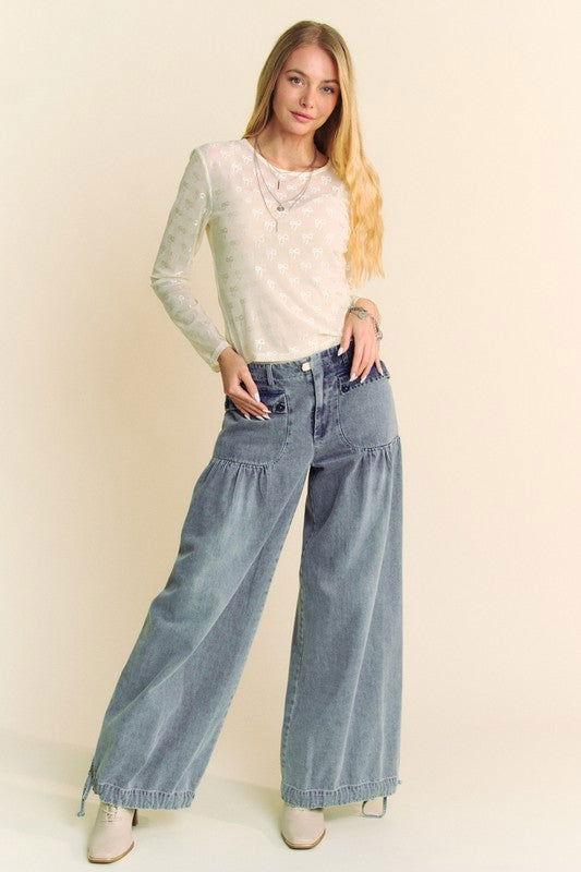 Davi & Dani Bow Mesh Round Neck Long Sleeve Top - Clothes For Her Online Store