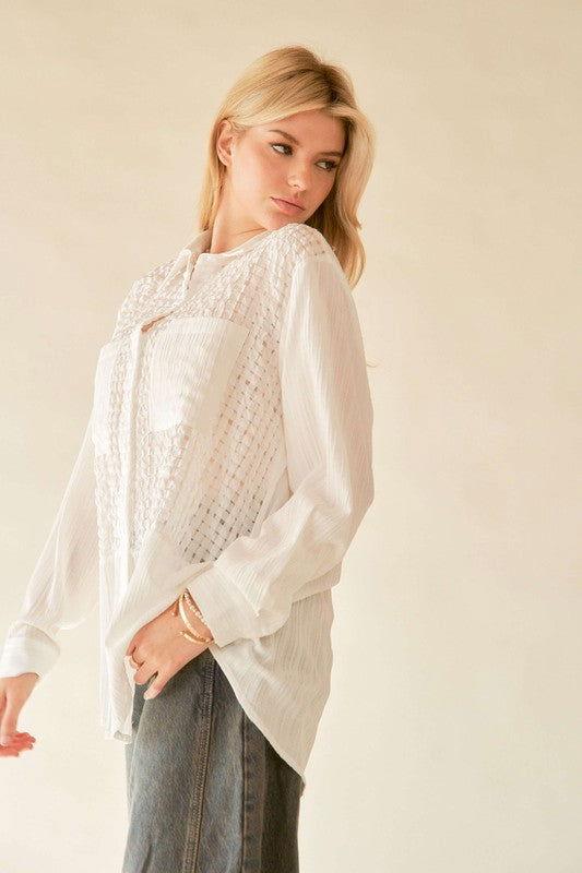 Davi & Dani Crinkled Jacquard Button Down Shirt - Clothes For Her Online Store