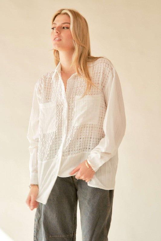 Davi & Dani Crinkled Jacquard Button Down Shirt - Clothes For Her Online Store