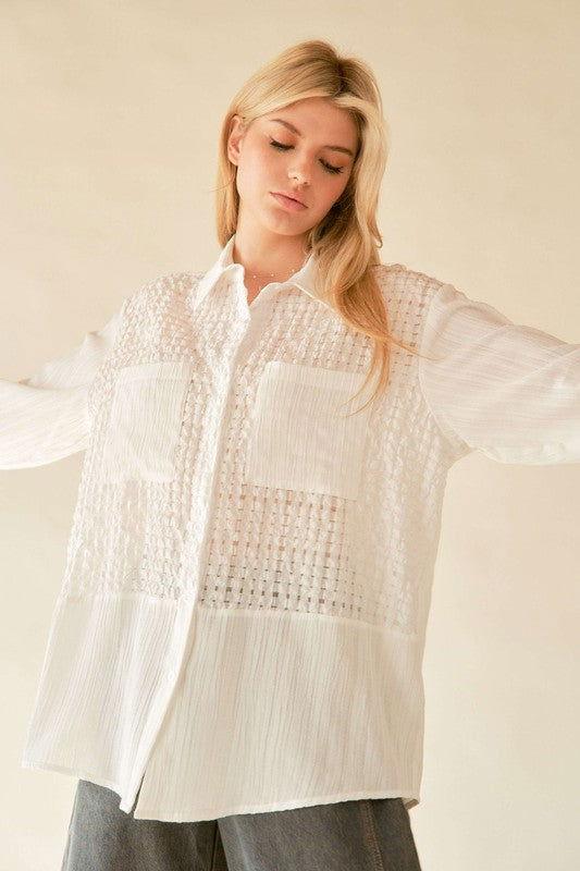 Davi & Dani Crinkled Jacquard Button Down Shirt - Clothes For Her Online Store