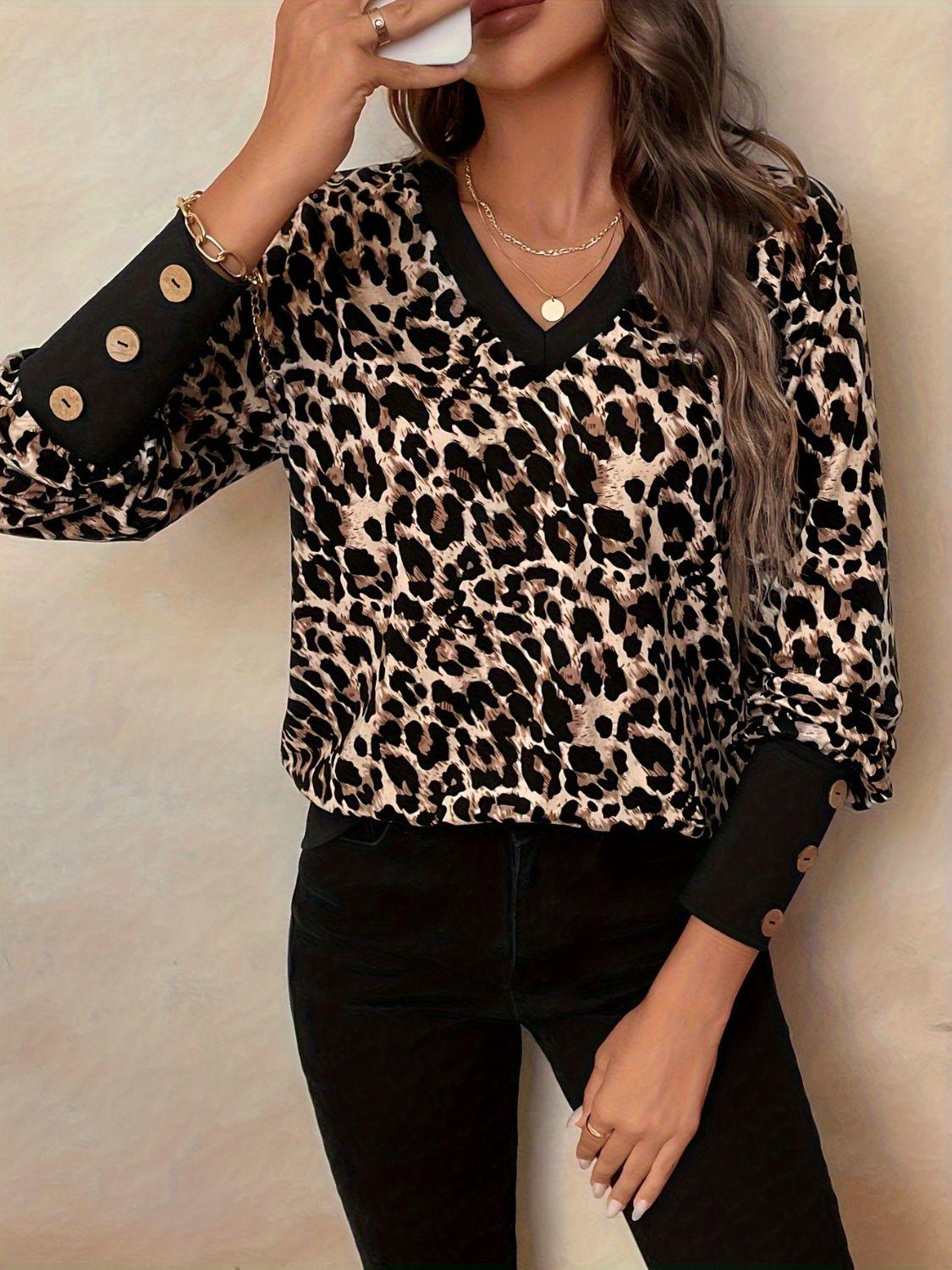 Decorative Button Leopard V-Neck Long Sleeve T-Shirt - Clothes For Her Online Store