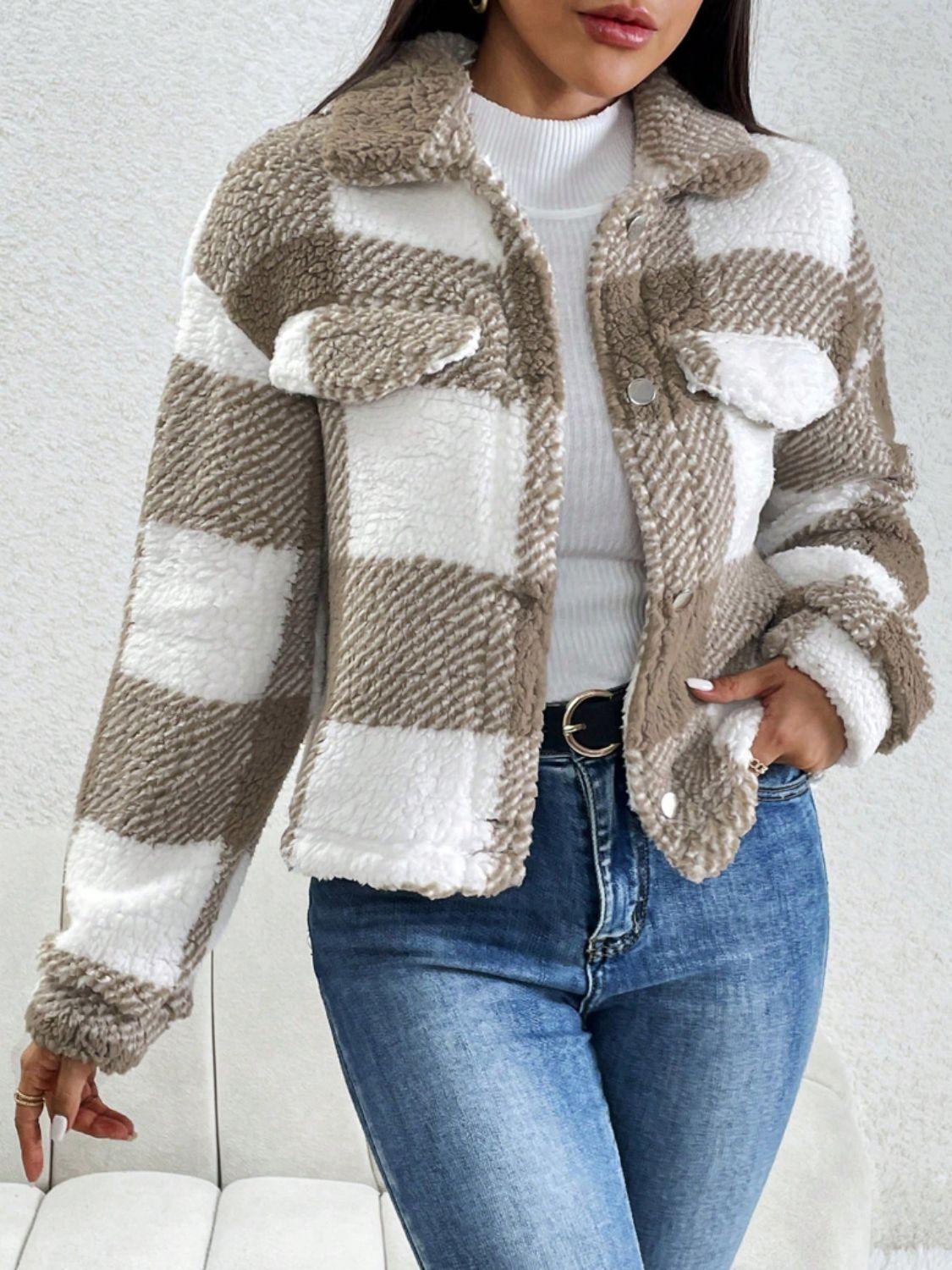 Decorative Pocket Flap Plaid Long Sleeve Jacket - Clothes For Her Online Store