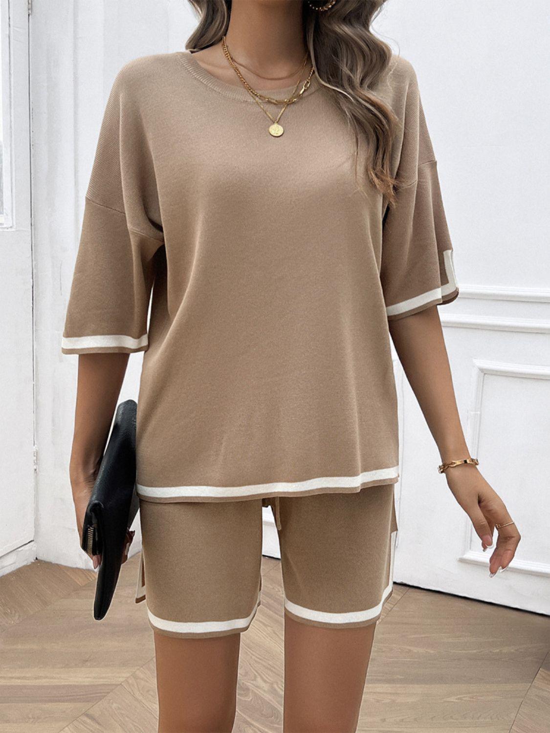 Devine Contrast Trim Round Neck Top and Shorts Set - Clothes For Her Online Store
