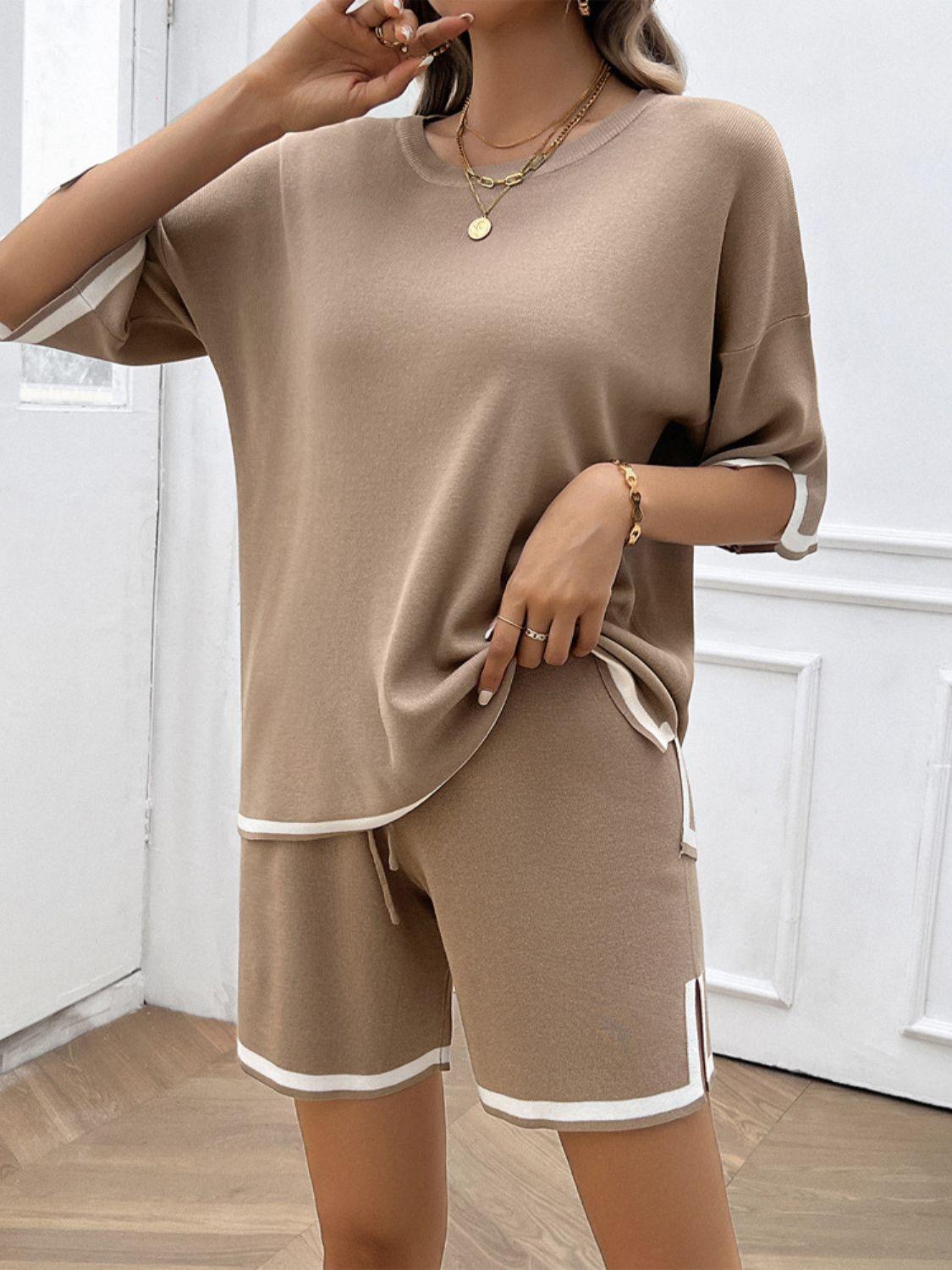 Devine Contrast Trim Round Neck Top and Shorts Set - Clothes For Her Online Store