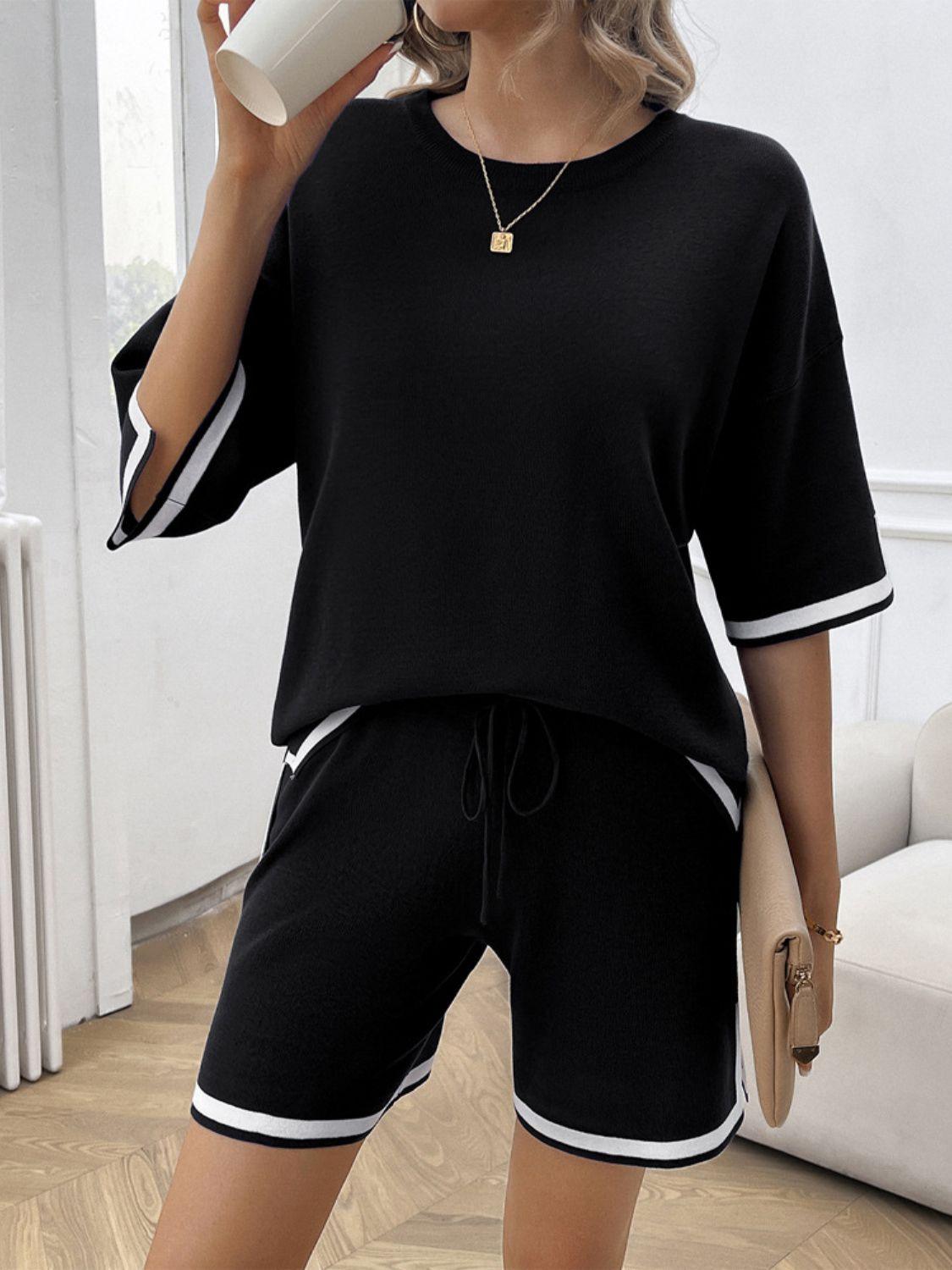 Devine Contrast Trim Round Neck Top and Shorts Set - Clothes For Her Online Store