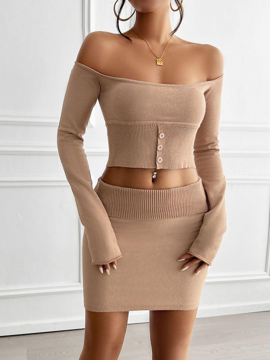 Devine Decorative Button Off-Shoulder Top and Skirt Set - Clothes For Her Online Store