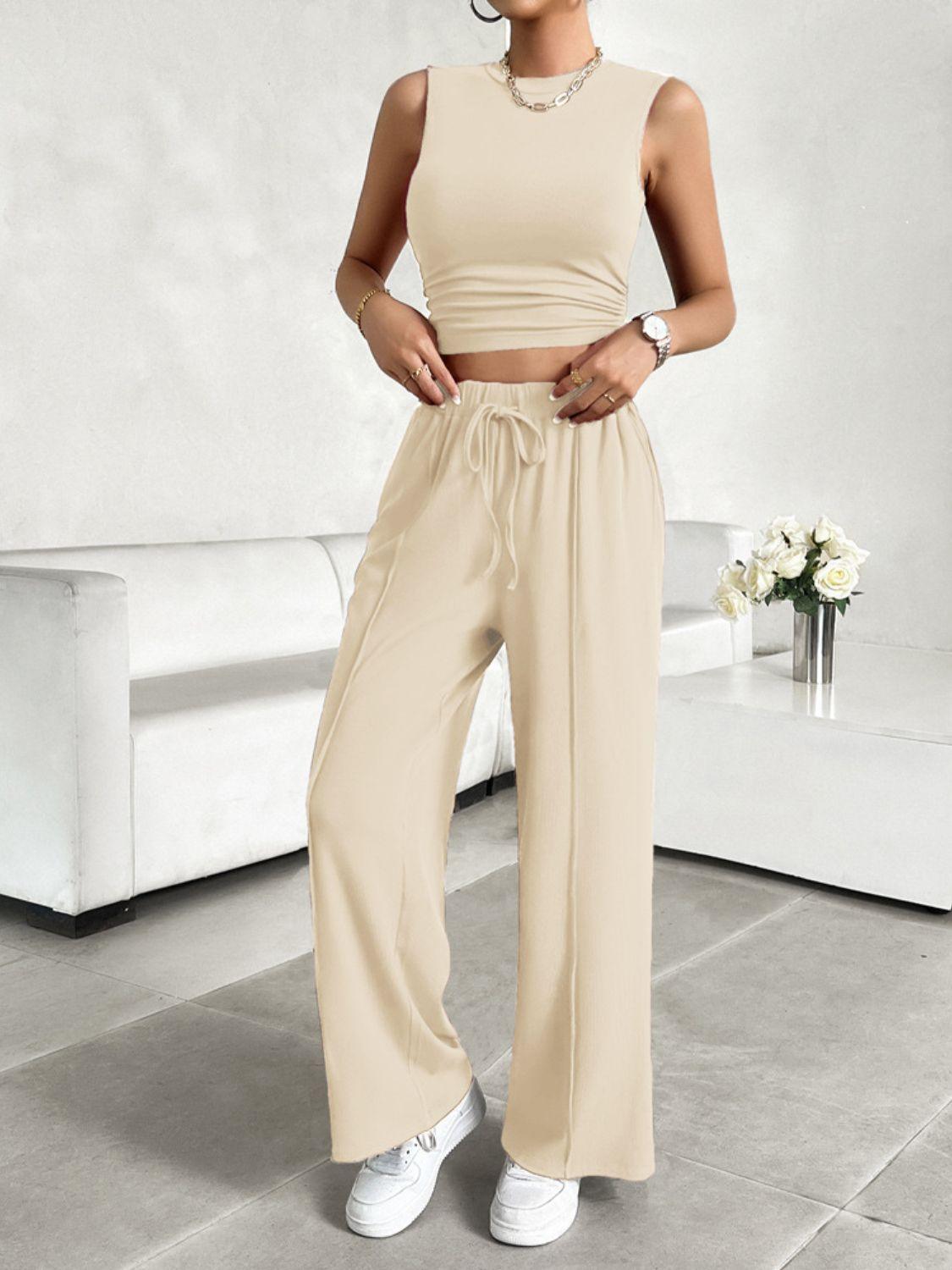 Devine Mock Neck Sleeveless Top and Drawstring Pants Set - Clothes For Her Online Store