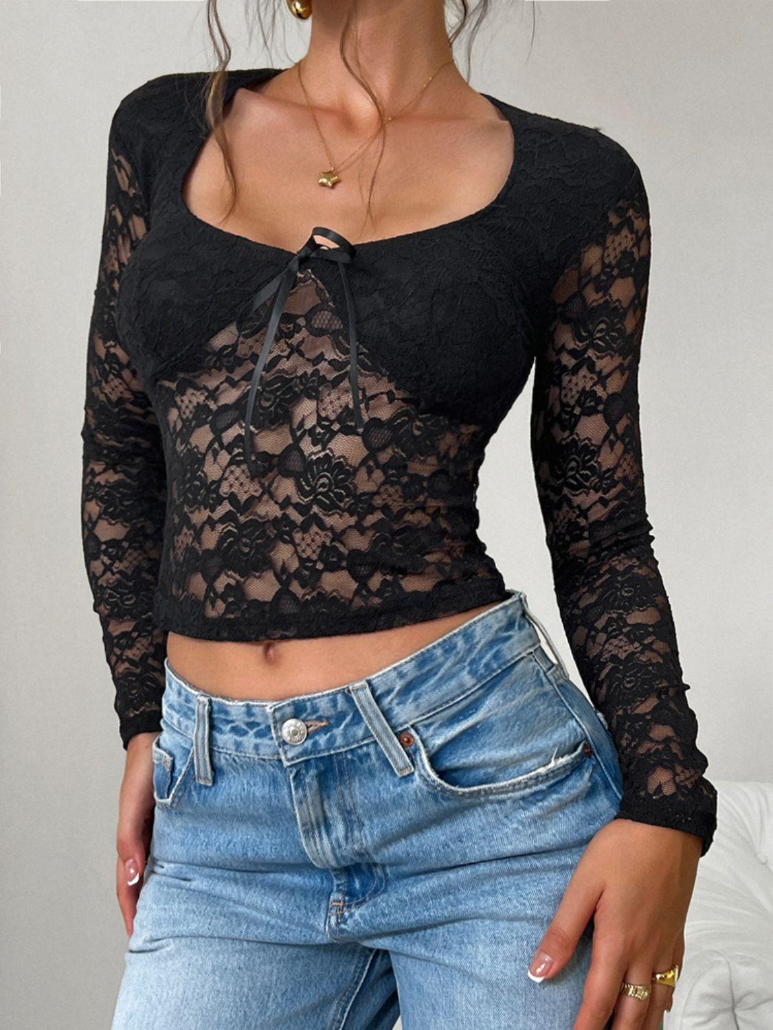 Devine Scoop Neck Long Sleeve Lace Top - Clothes For Her Online Store