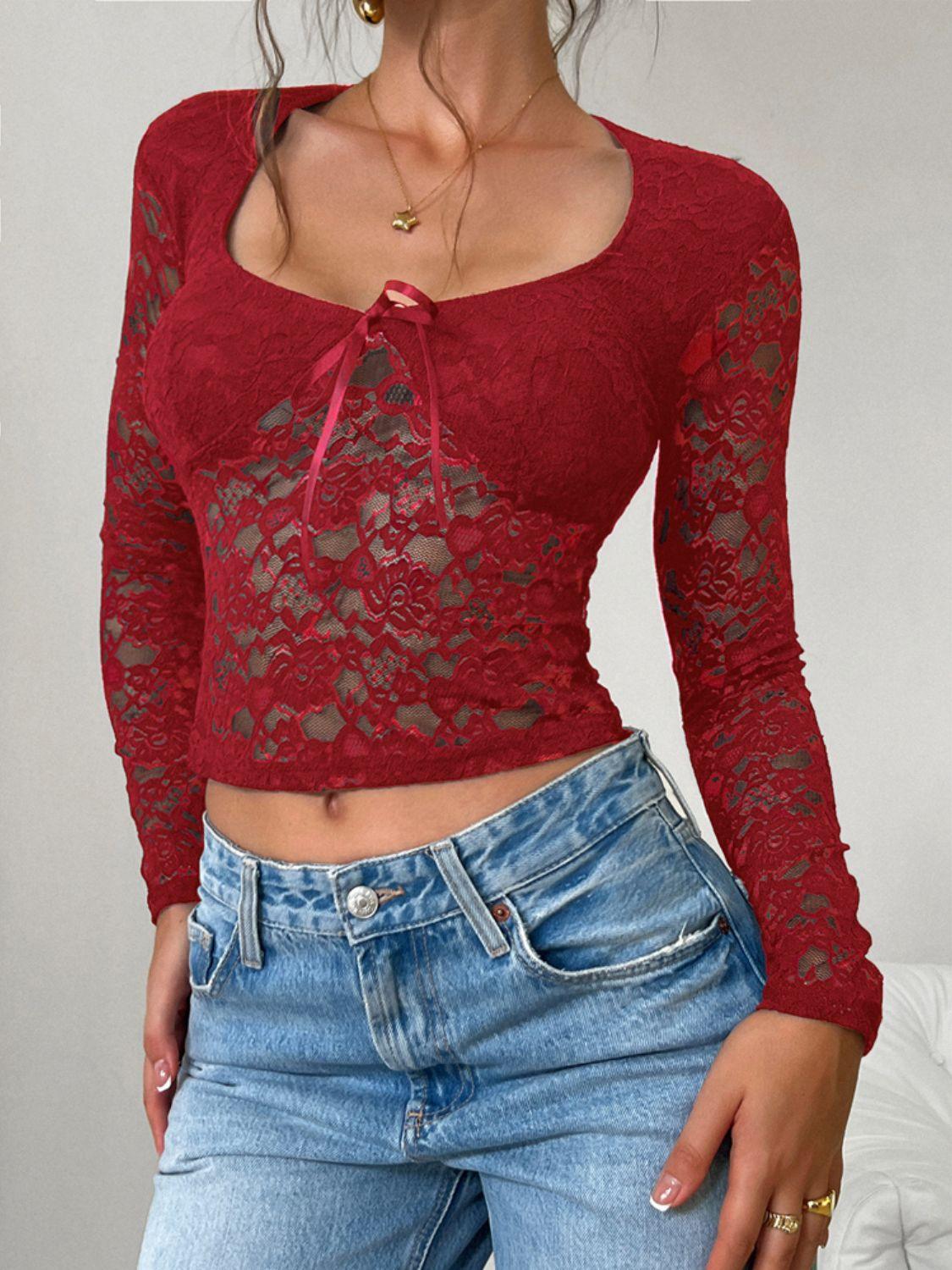 Devine Scoop Neck Long Sleeve Lace Top - Clothes For Her Online Store