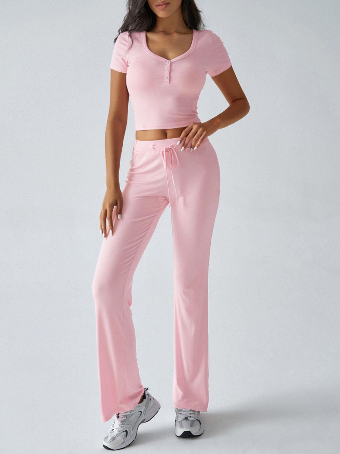 Devine Short Sleeve Top and Drawstring Pants Set - Clothes For Her Online Store