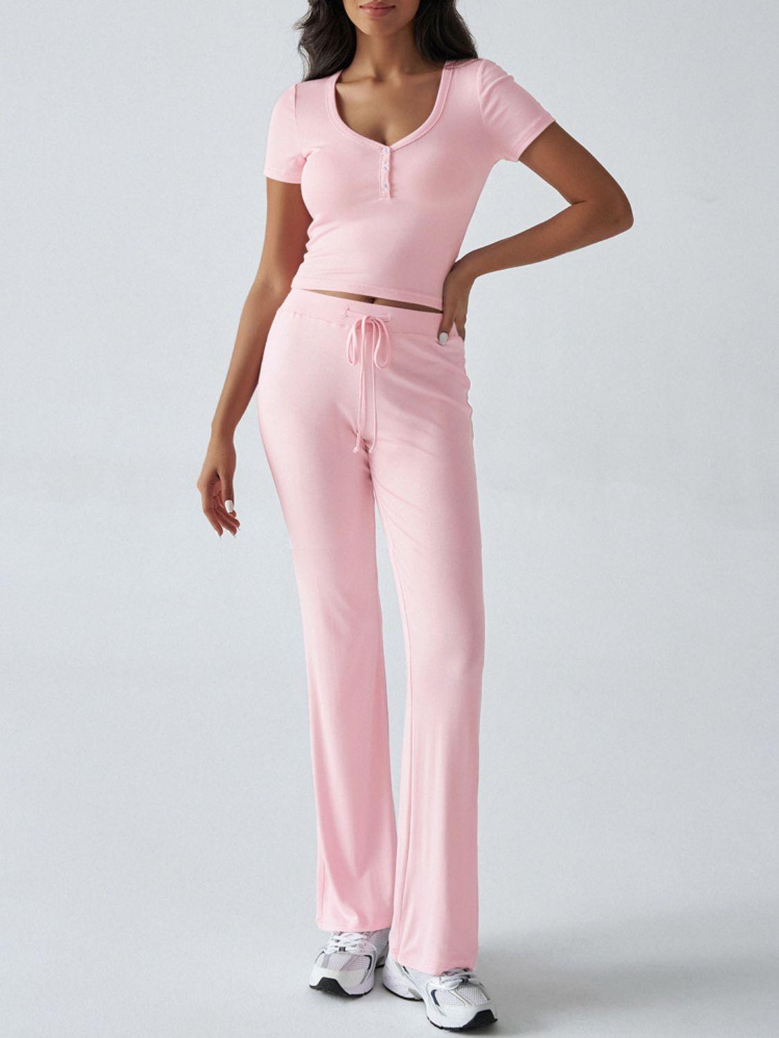 Devine Short Sleeve Top and Drawstring Pants Set - Clothes For Her Online Store