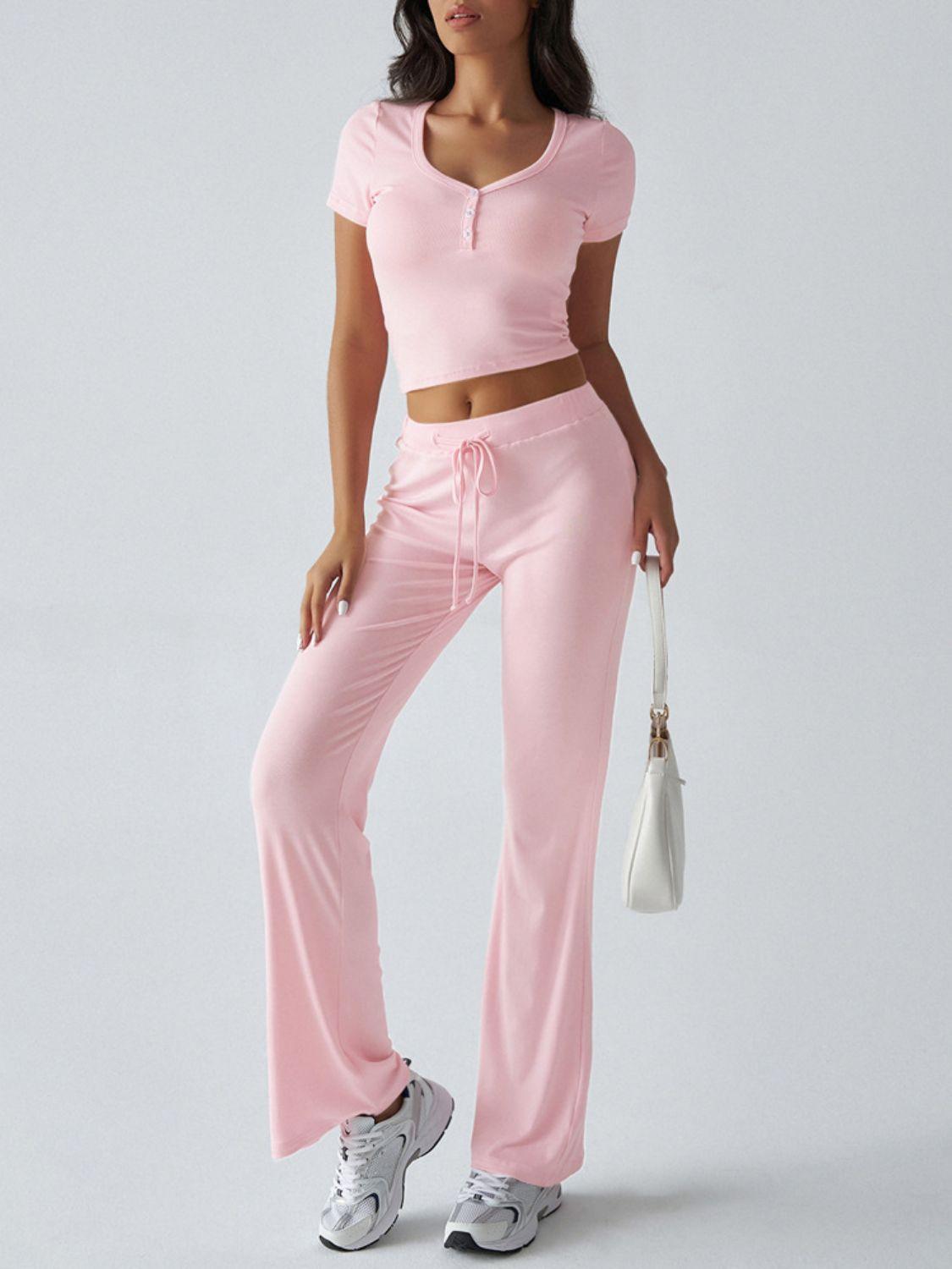 Devine Short Sleeve Top and Drawstring Pants Set - Clothes For Her Online Store