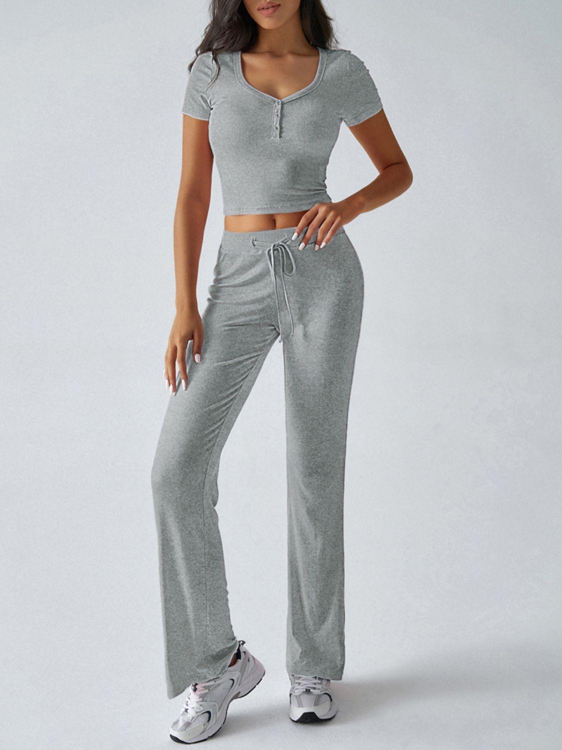 Devine Short Sleeve Top and Drawstring Pants Set - Clothes For Her Online Store