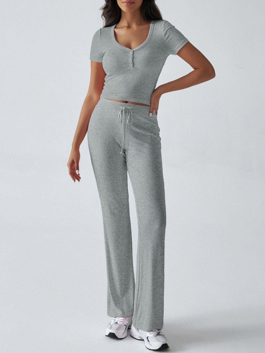 Devine Short Sleeve Top and Drawstring Pants Set - Clothes For Her Online Store