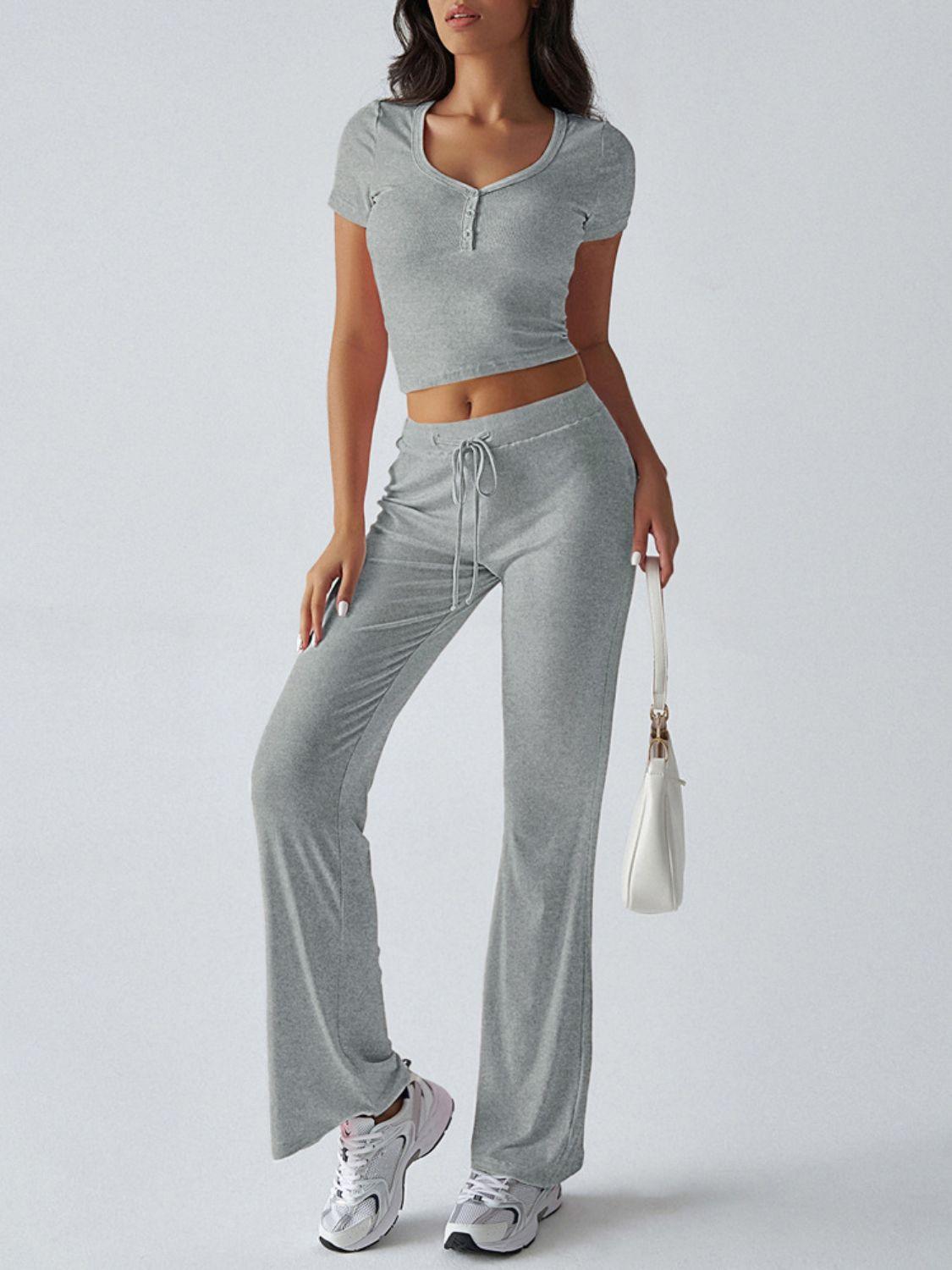Devine Short Sleeve Top and Drawstring Pants Set - Clothes For Her Online Store