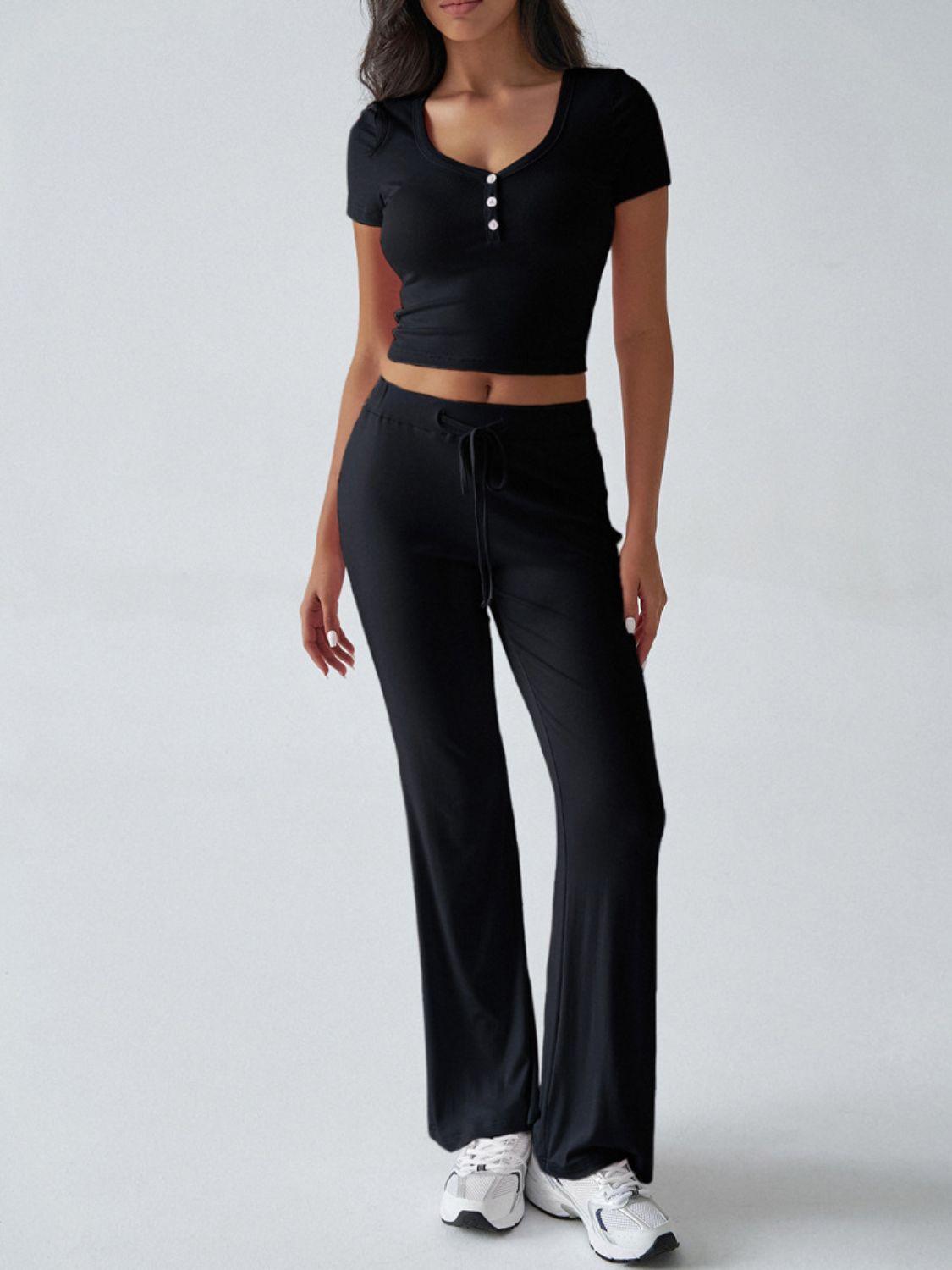 Devine Short Sleeve Top and Drawstring Pants Set - Clothes For Her Online Store