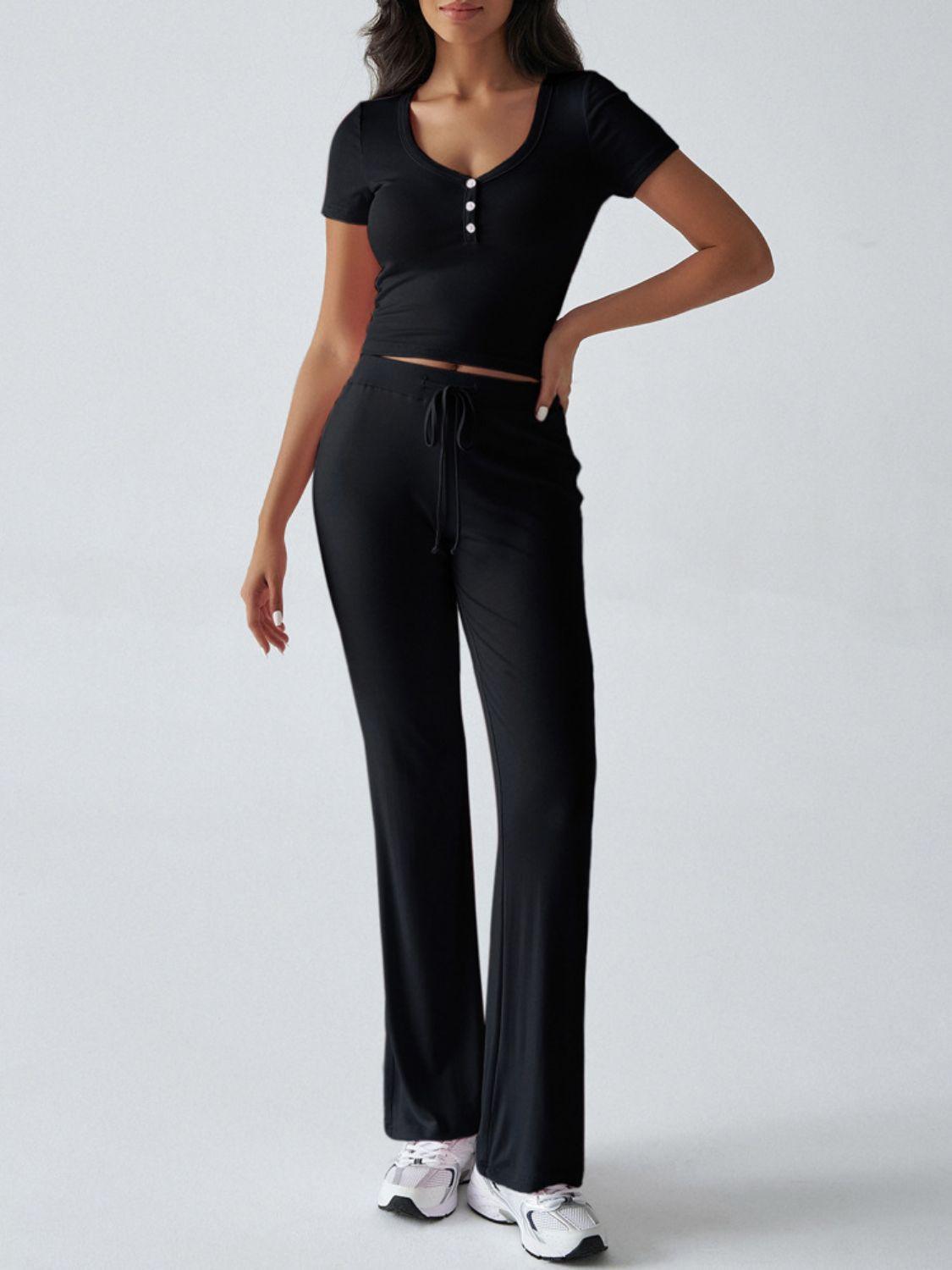 Devine Short Sleeve Top and Drawstring Pants Set - Clothes For Her Online Store