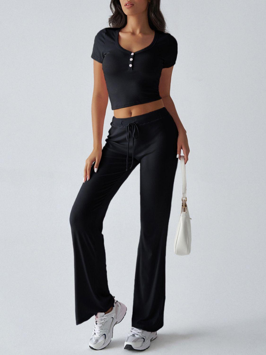 Devine Short Sleeve Top and Drawstring Pants Set - Clothes For Her Online Store