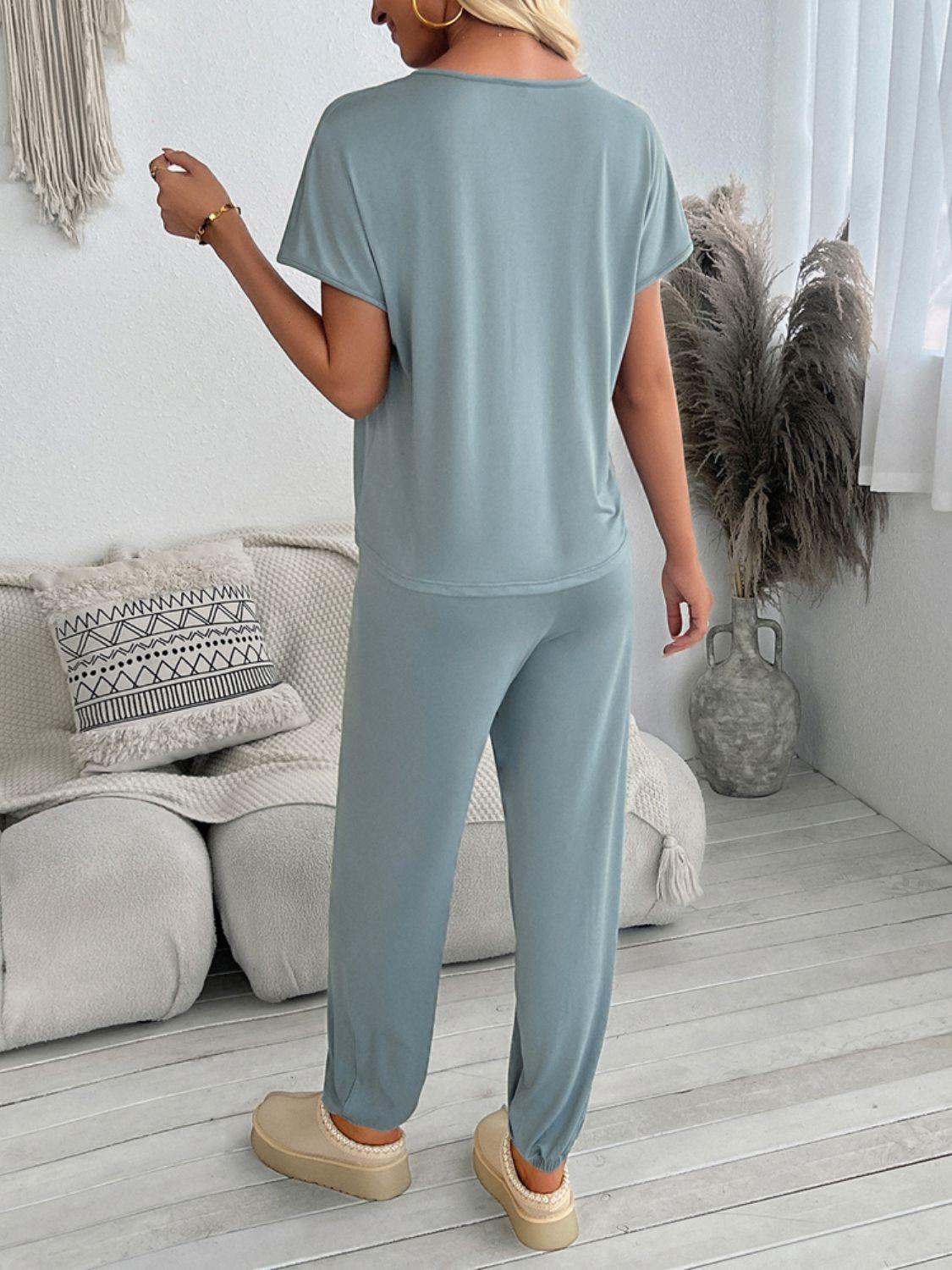 Devine V-Neck Short Sleeve Top and Pants Set - Clothes For Her Online Store