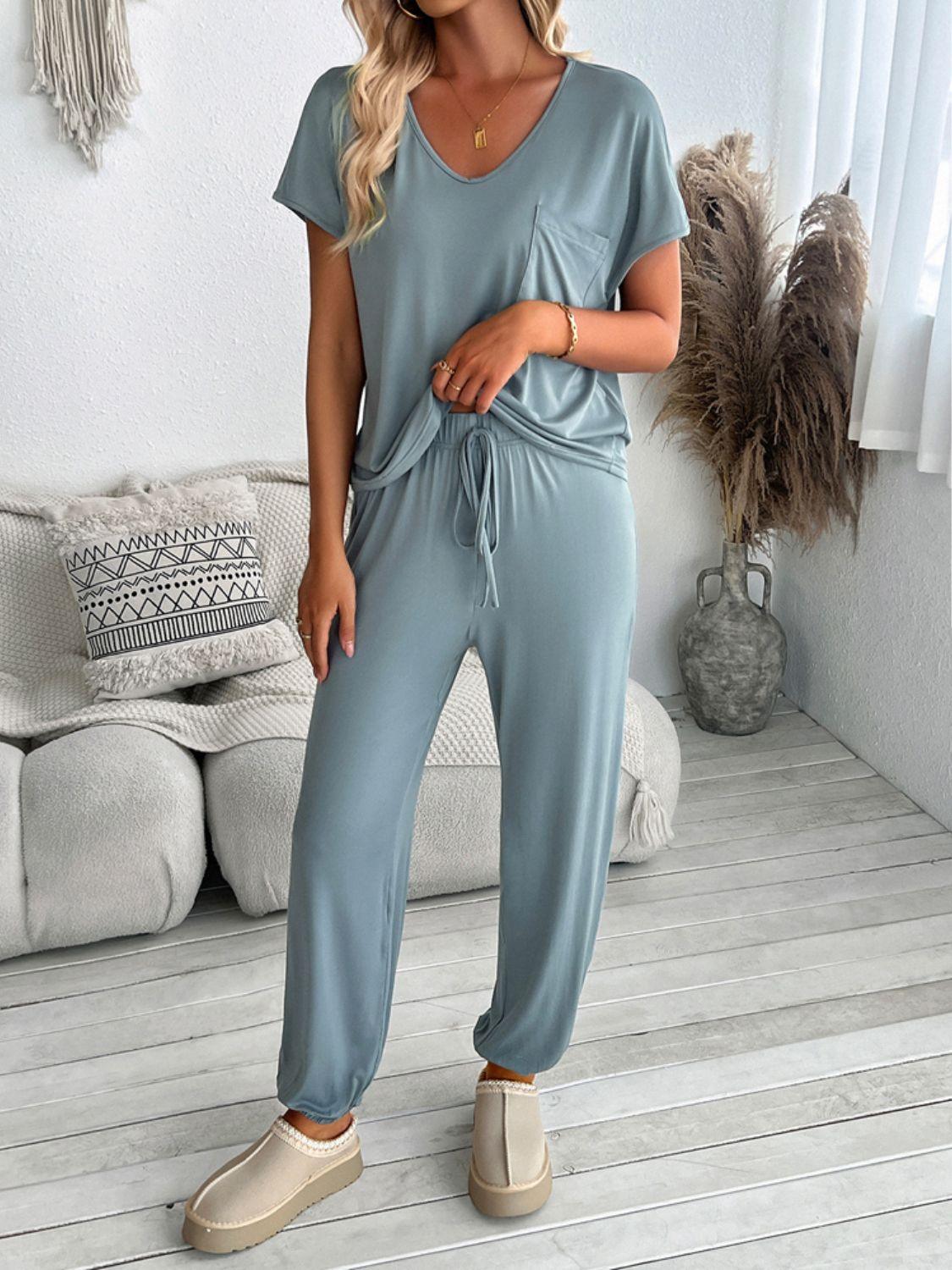 Devine V-Neck Short Sleeve Top and Pants Set - Clothes For Her Online Store