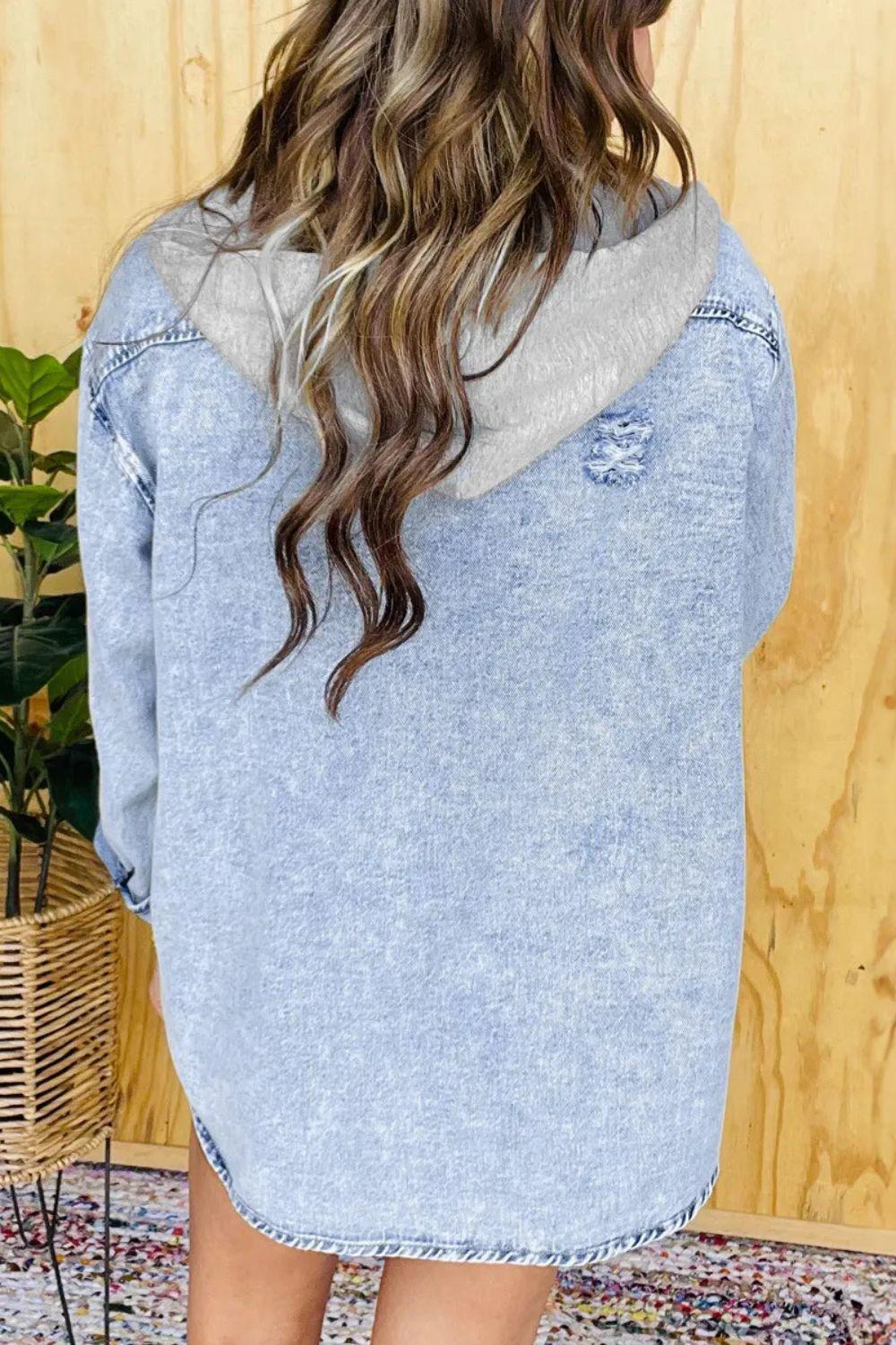 Distressed Button Up Long Sleeve Denim Jacket - Clothes For Her Online Store
