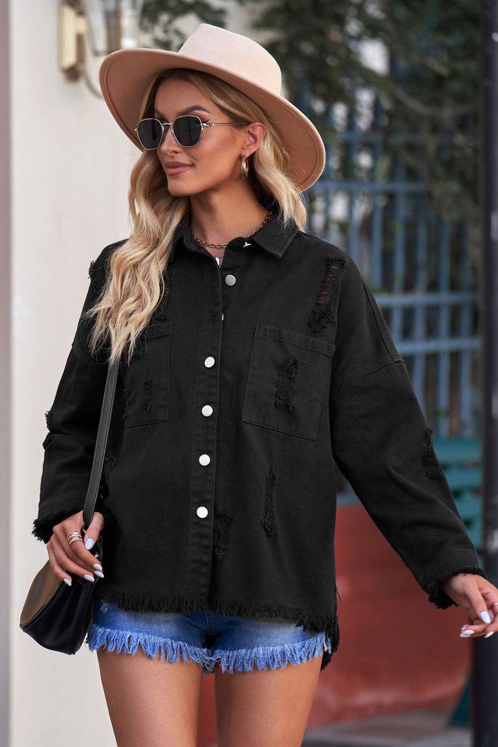 Distressed Button Up Raw Hem Denim Jacket - Clothes For Her Online Store