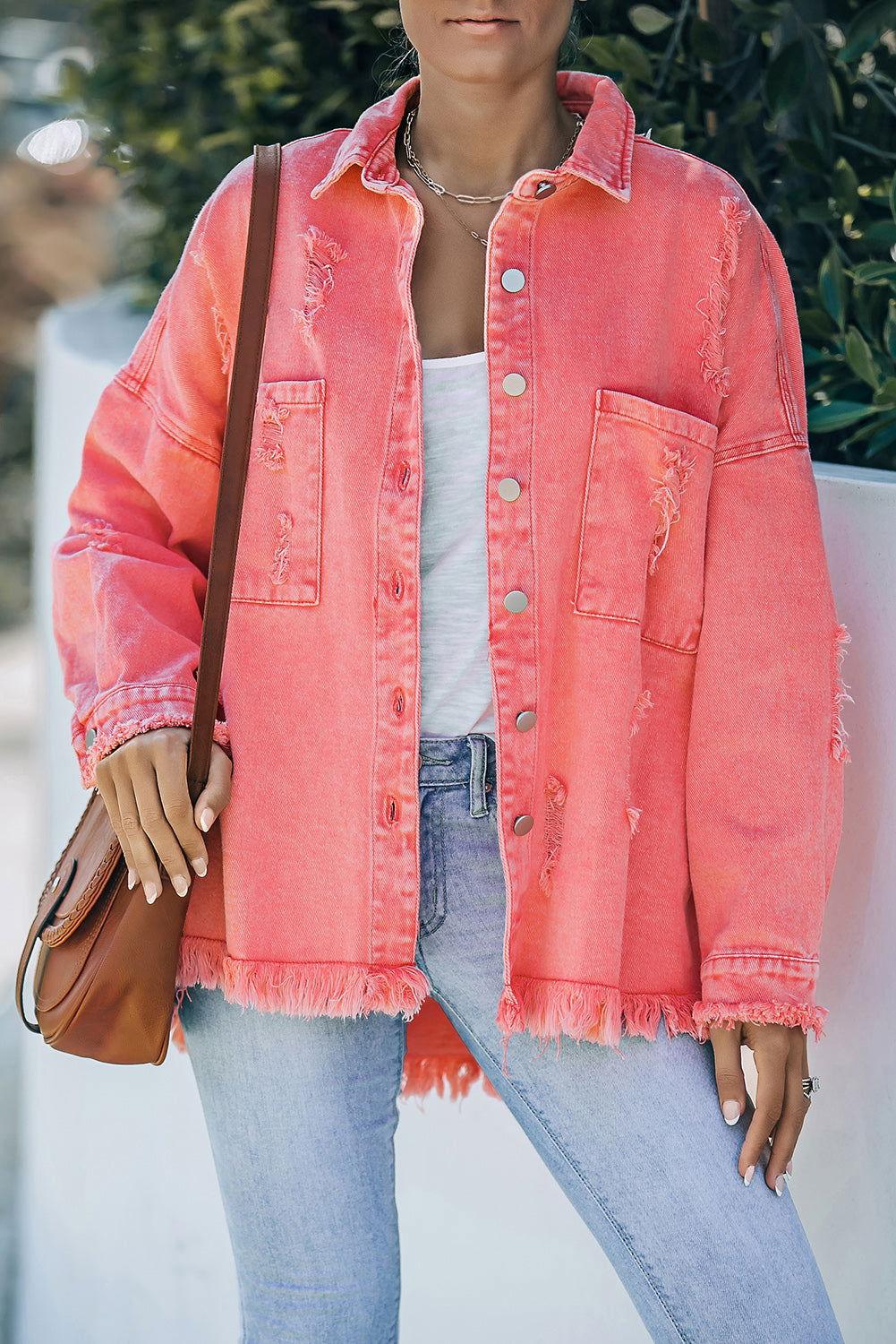Distressed Button Up Raw Hem Denim Jacket - Clothes For Her Online Store