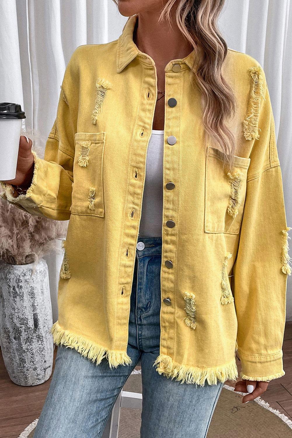 Distressed Button Up Raw Hem Denim Jacket - Clothes For Her Online Store